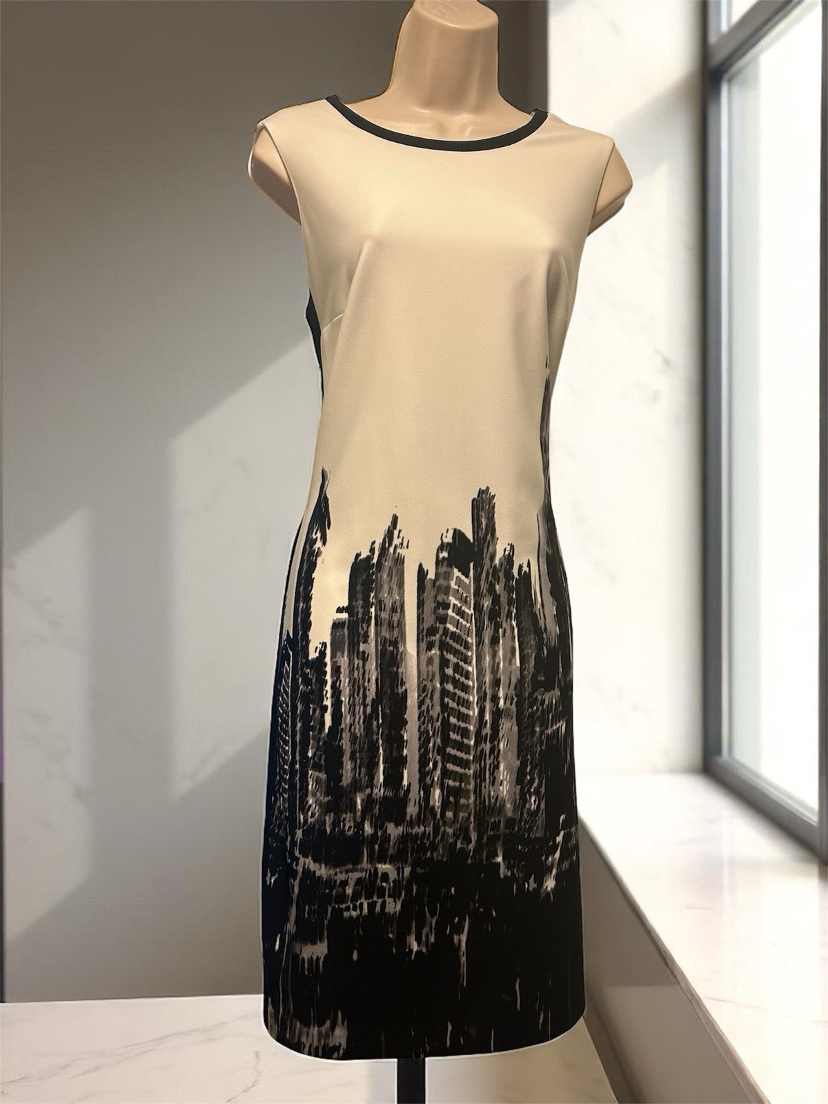 Anne Klein Sz 10 White Black Print Sheath Dress Stretch NWOT Size Tag Missing