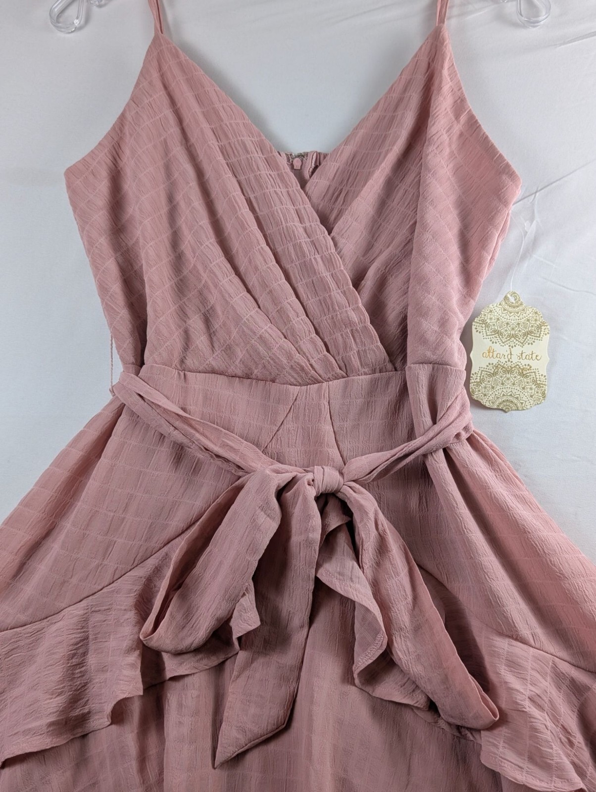 Altard State Blush Pink Sleeveless Wrap Dress Tie Waist Ruffle Hem Rouched NWT