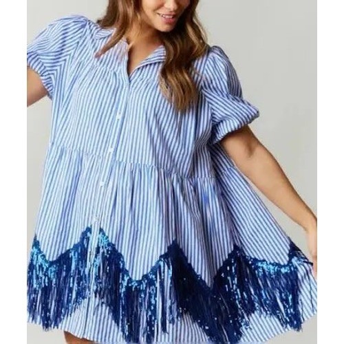 Fantastic Fawn Blue Striped Sequin Puff Sleeve Fringe Tiered Mini Dress Medium