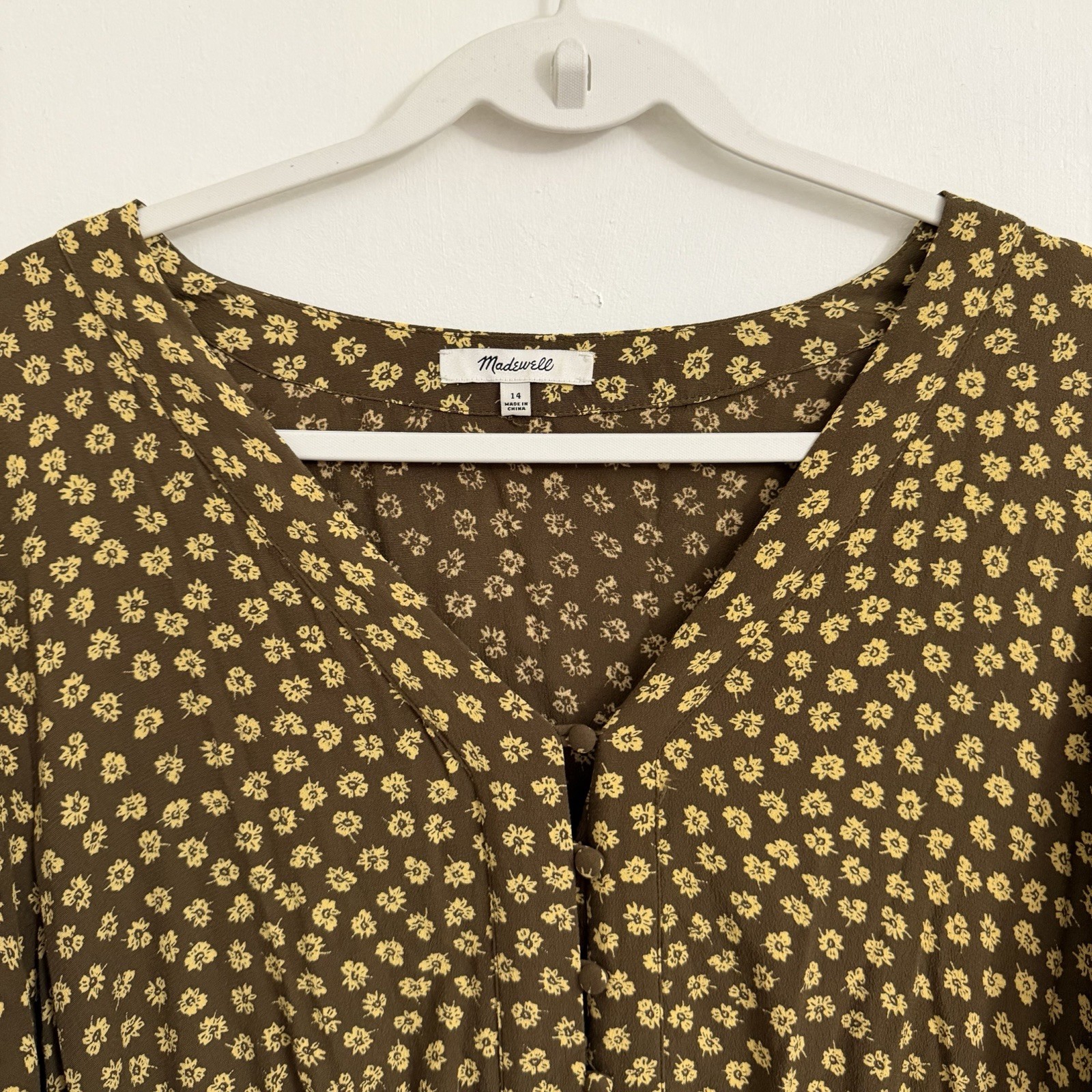 Madewell Dress 14 Brown Floral Button Cuff Midi Woodcut Flowers Cottage Peasant