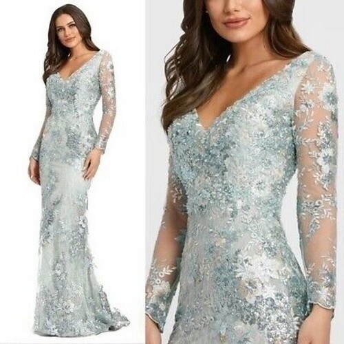 Mac Duggal Sea Mist Green Embellished Illusion Long Sleeve Gown Size 22 $698