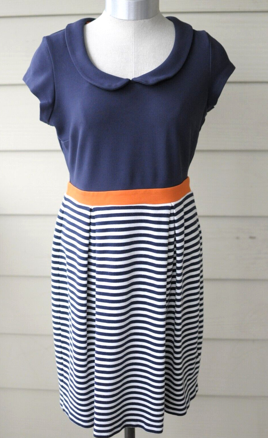 Boden Lila Dress Navy Blue White Stripe Orange Accent Peter Pan Collar US 6R