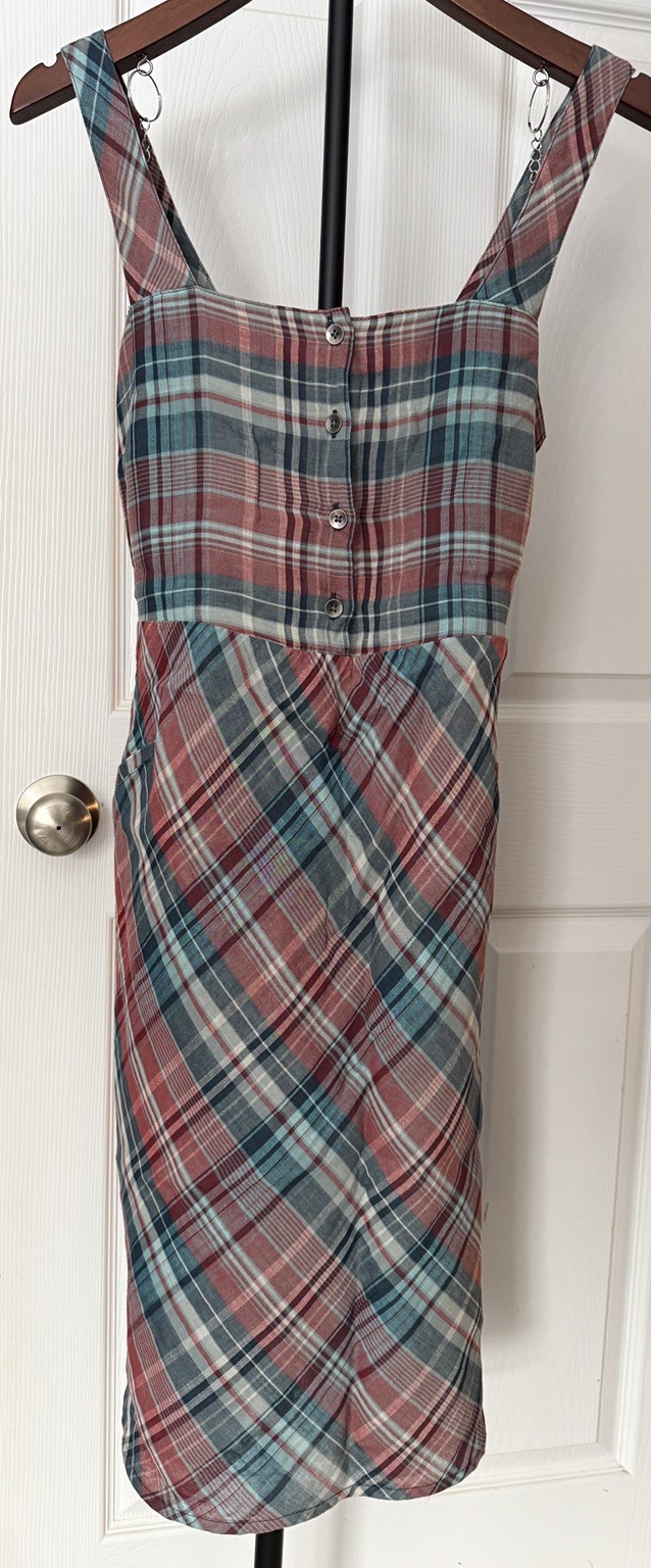 Eastern Mountain Sports Plaid Sundress Size S Button Front Tie Back Pockets