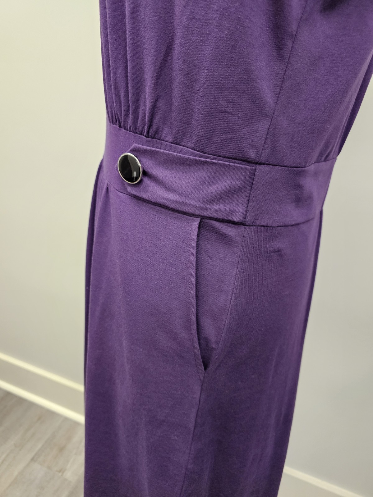 Womens L Huhot Purple with Black Buttons Dress Asymmetric Cowl Neck Pockets