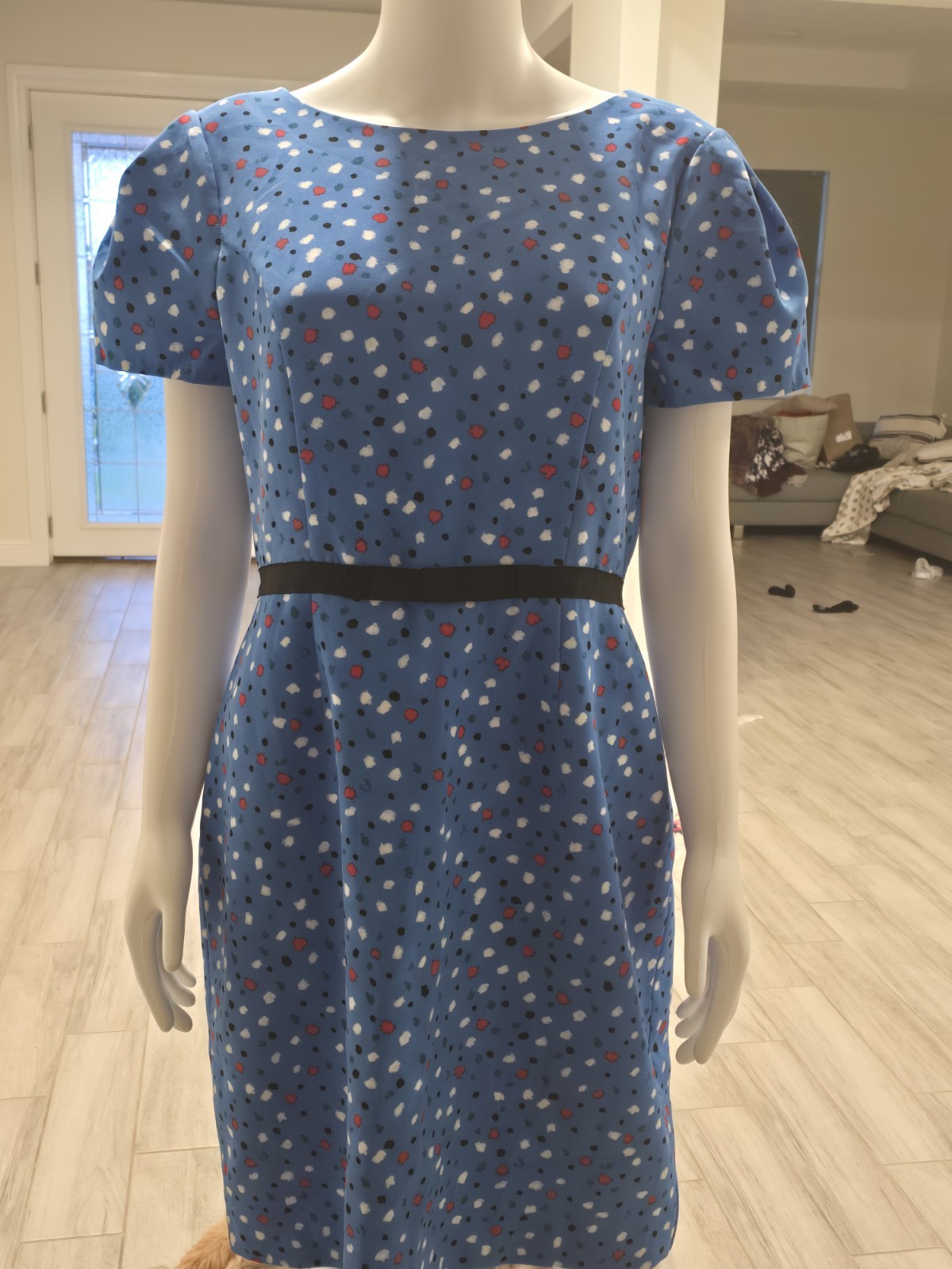 IMNYC Isaac Mizrahi Blue Polka Dot Crew Neck Short Sleeve Sheath Belt Zip 12