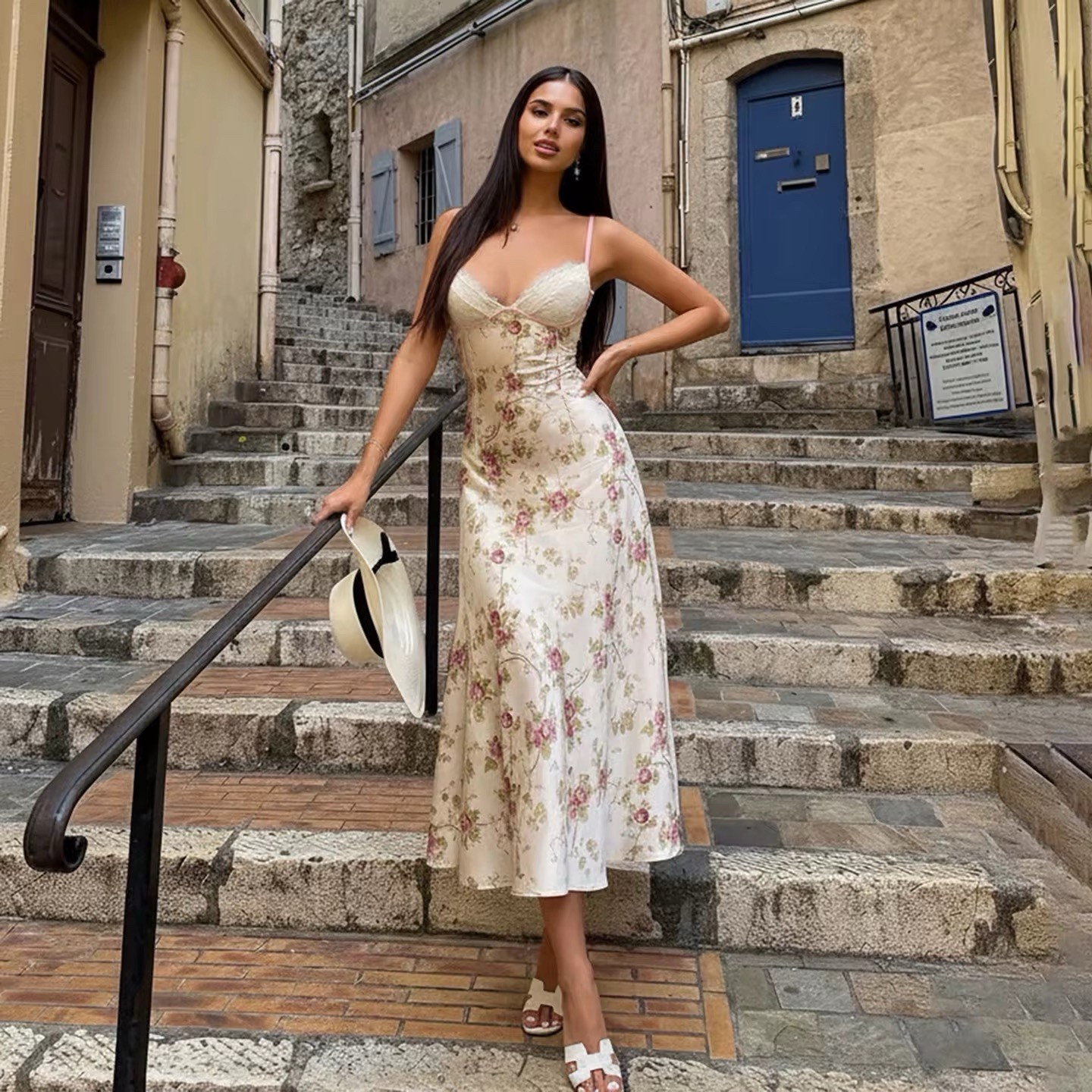 Women’s Satin Floral Slip Midi Dress S V-Neck Adjustable Spaghetti Straps