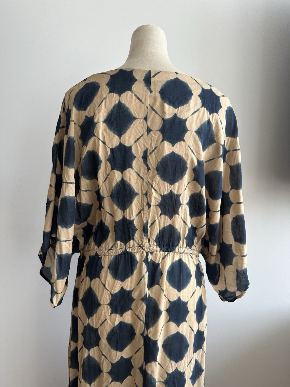 Zara Tan & Navy Geometric oversized Kaftan Dress Drawstring 100% Modal (XS-S)