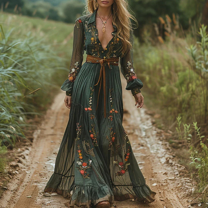 Floral Print Pleated Long Maxi Dress