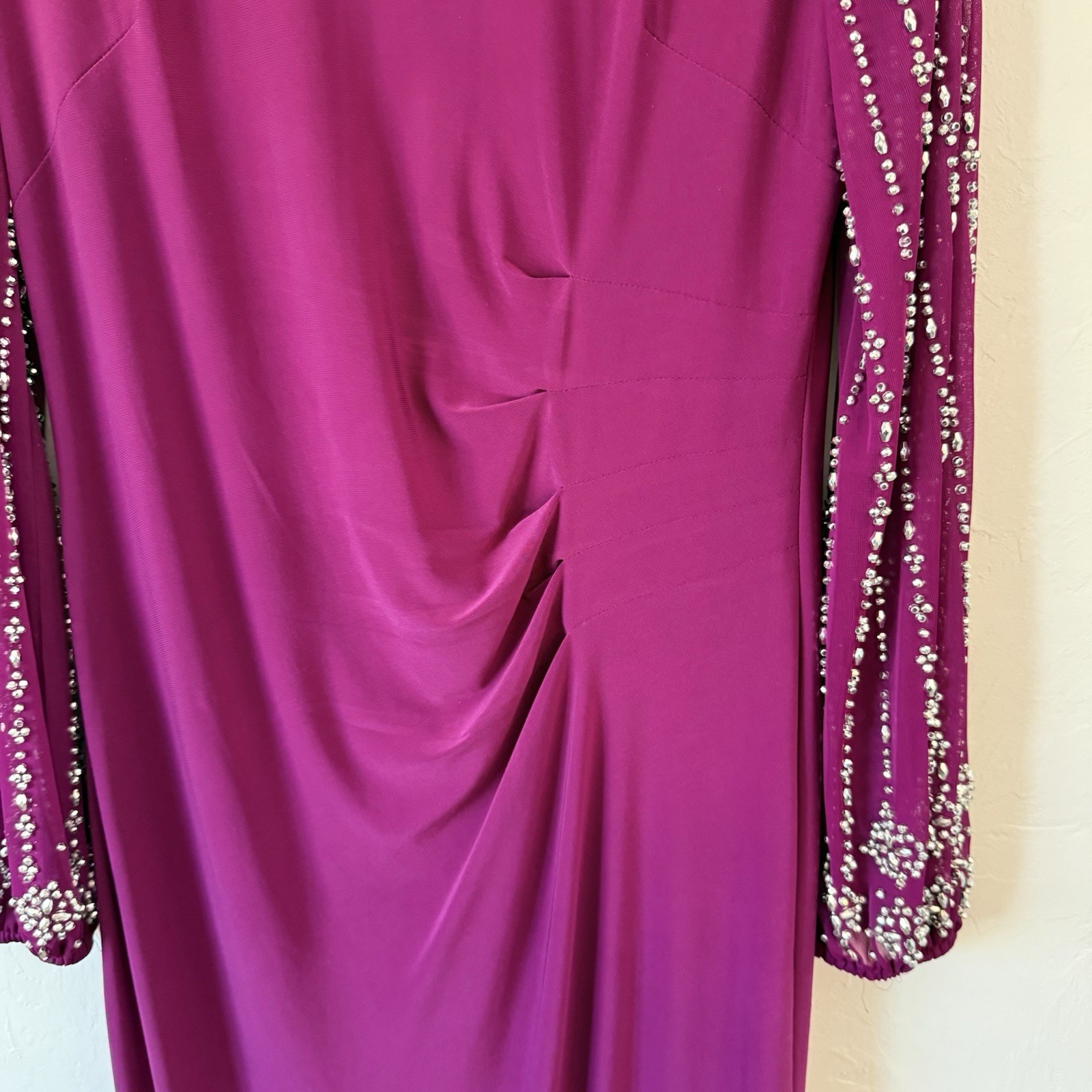 VTG Marina Rouched Knee Length Beaded Trim Dress Women’s 10 Sheer Sleeves READ