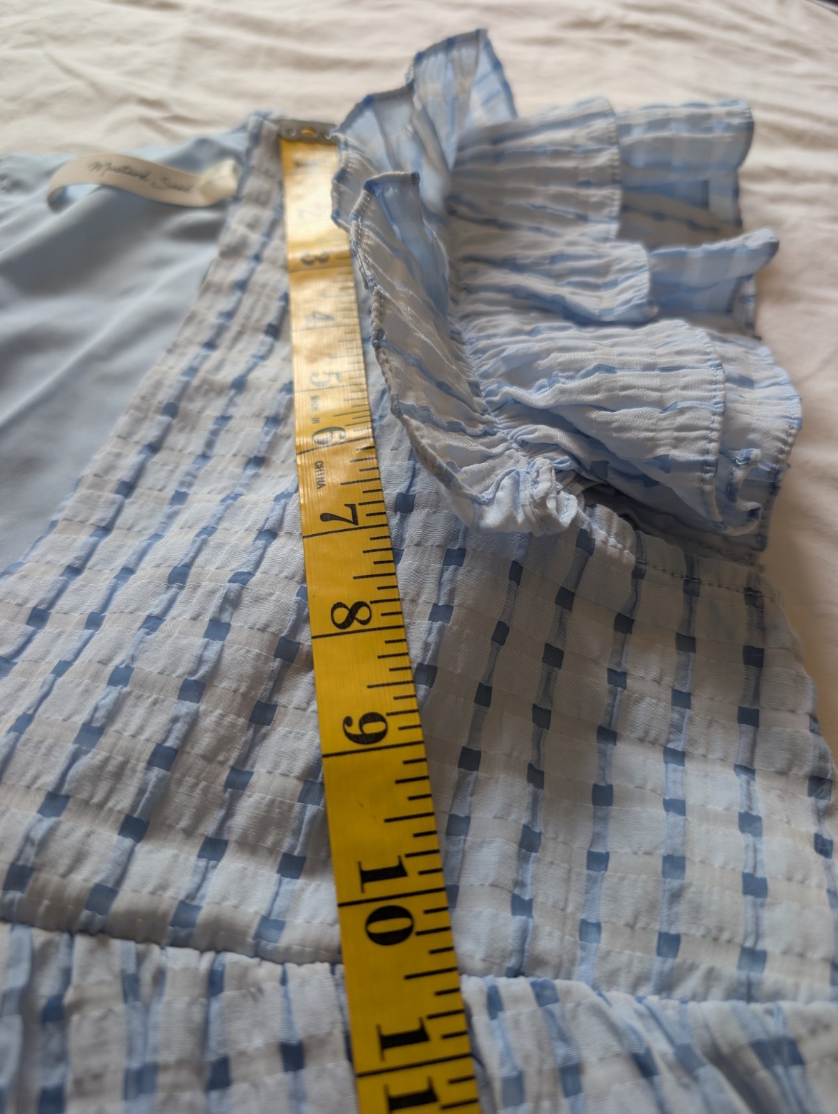 Blue – White Gingham plaid Check Flutter Sleeve Babydoll Mini V-Neck Dress