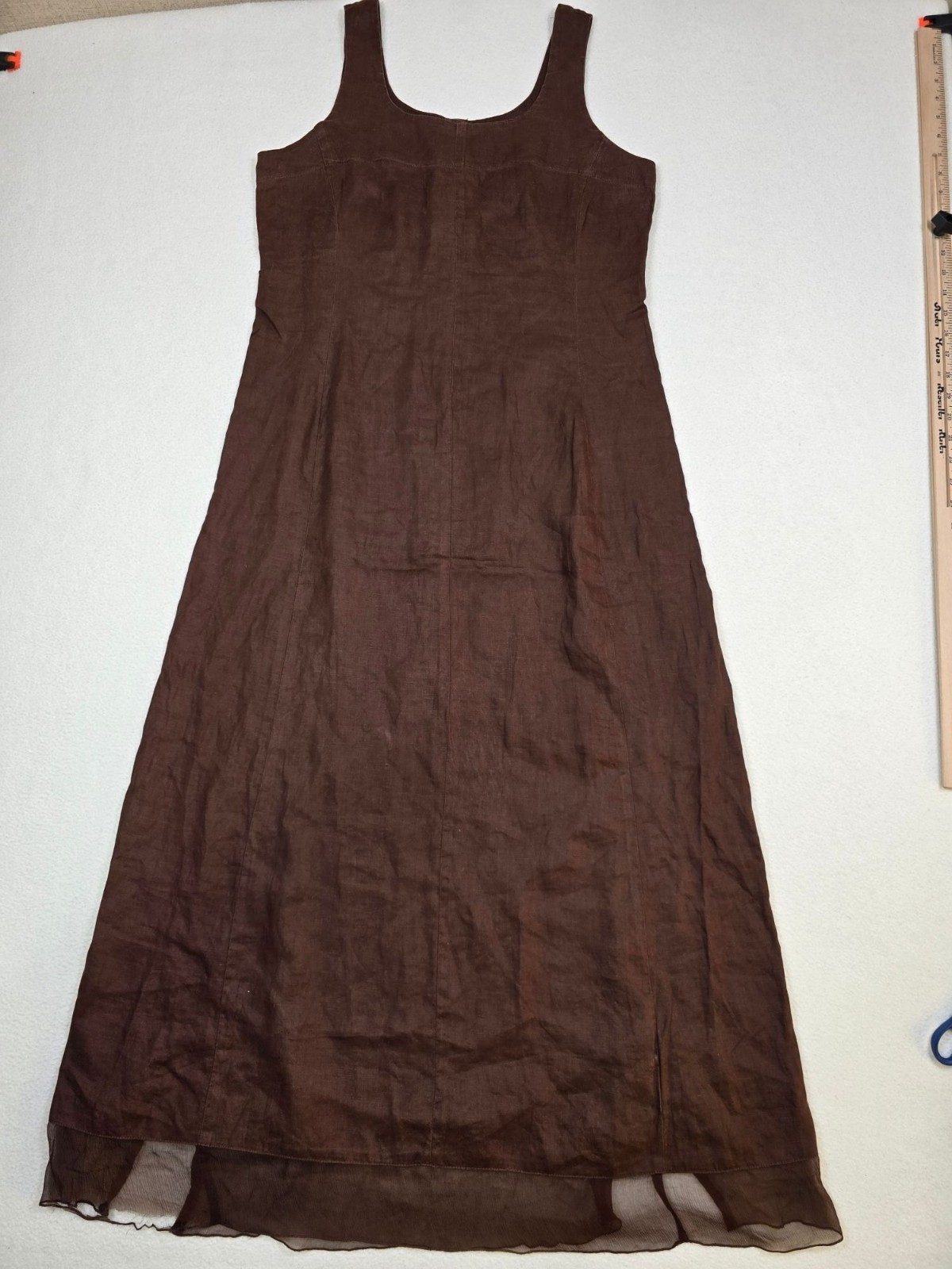 Johnny Was Med Brown Linen Sleeveless Maxi Dress Sheer Bottom Hem Button Front