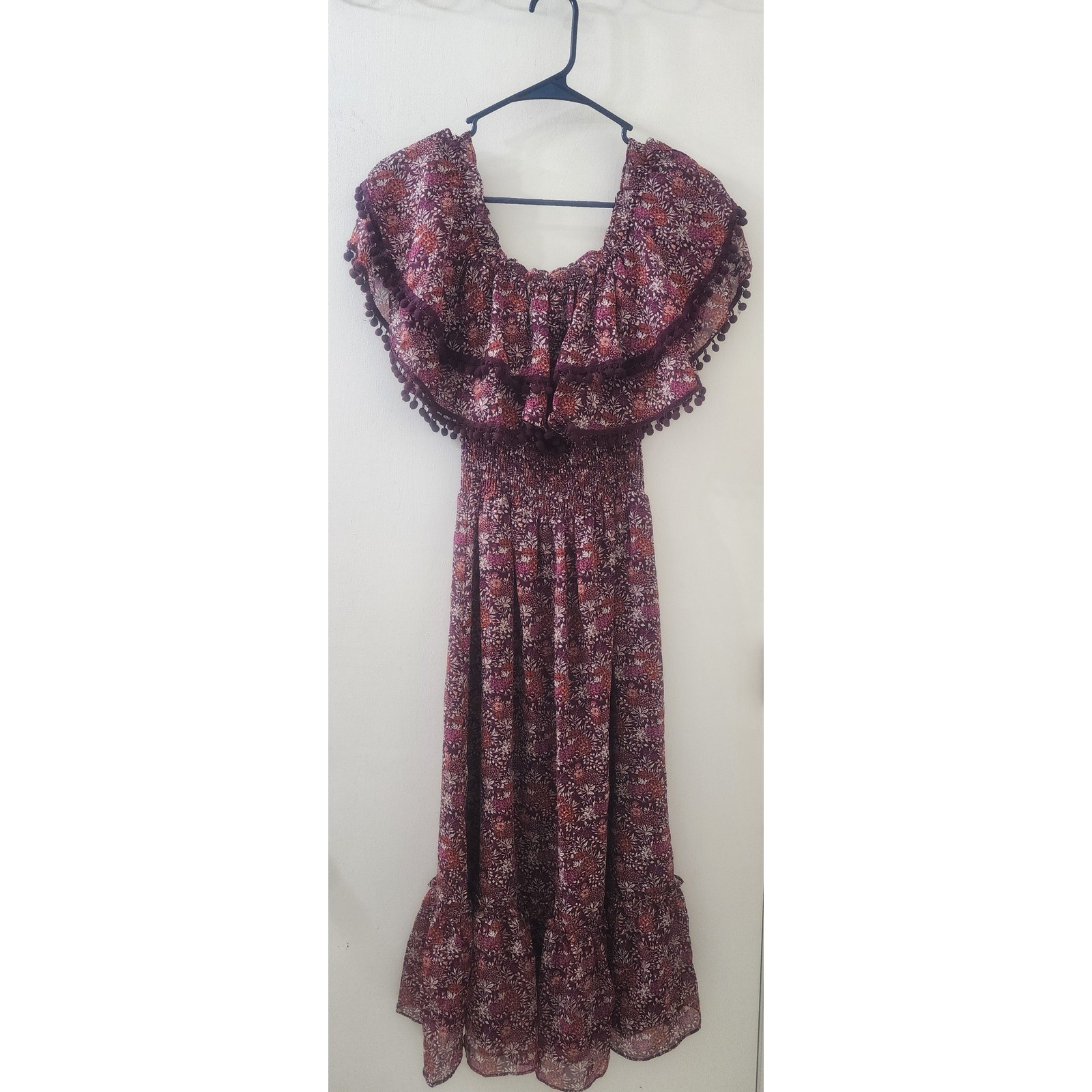 MISA Los Angeles Floral Maxi Dress XS Purple Smocked Pom Pom Ruffle Off Shoulder