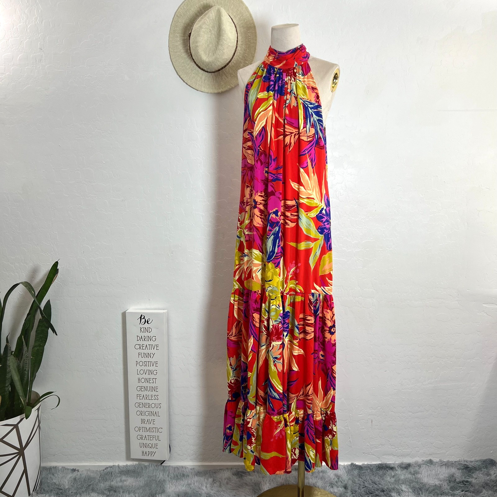 MSK floral maxi sun dress XL tropical resort vacation ruffle tiered halter light