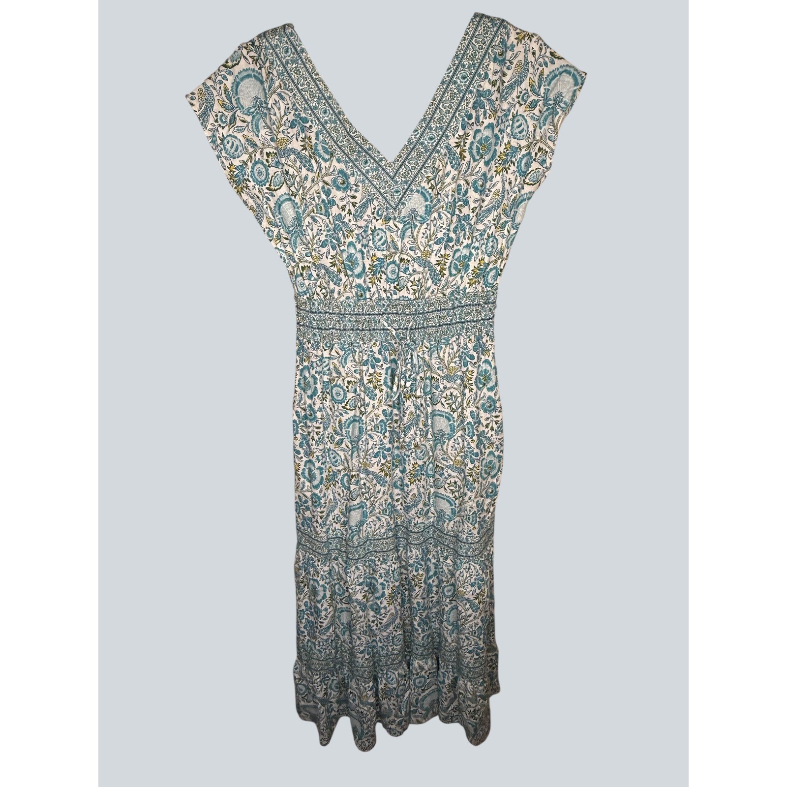 Rachel Zoe Linen Blend Floral Midi Dress V Neck Smocked Waist Tiered Boho Small