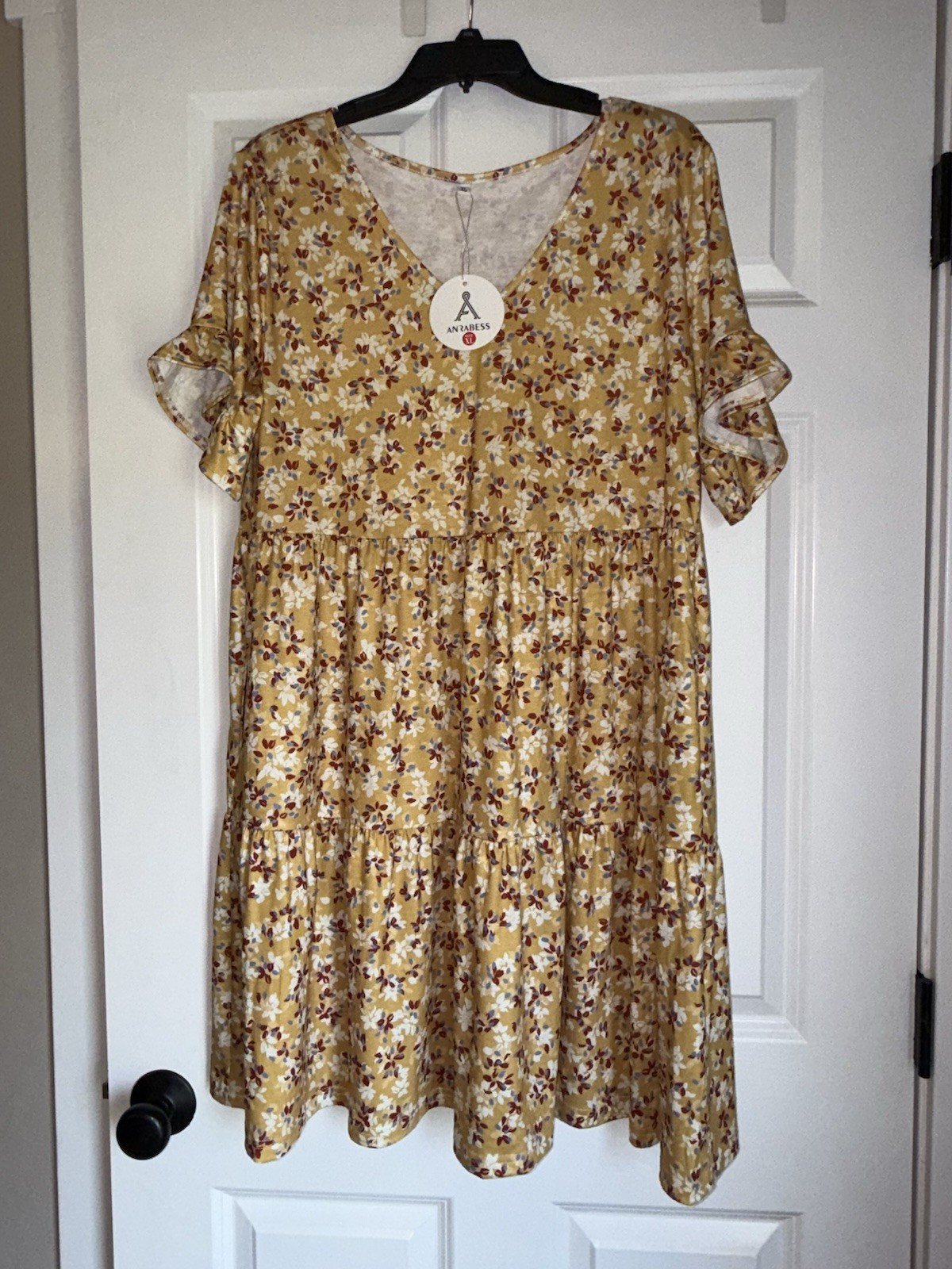 AnaBess XL Yellow Floral V-Neck Flutter Sleeve Tiered Midi A-Line Dress Pockets