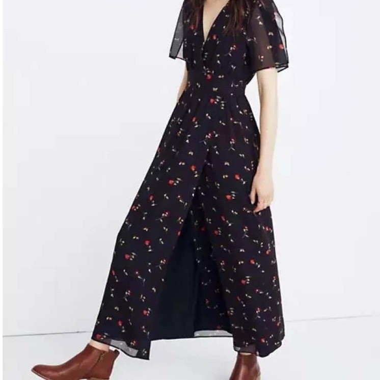Madewell Navy Blue Floral V-Neck Maxi Dress Short Flutter Sleeve Size 00