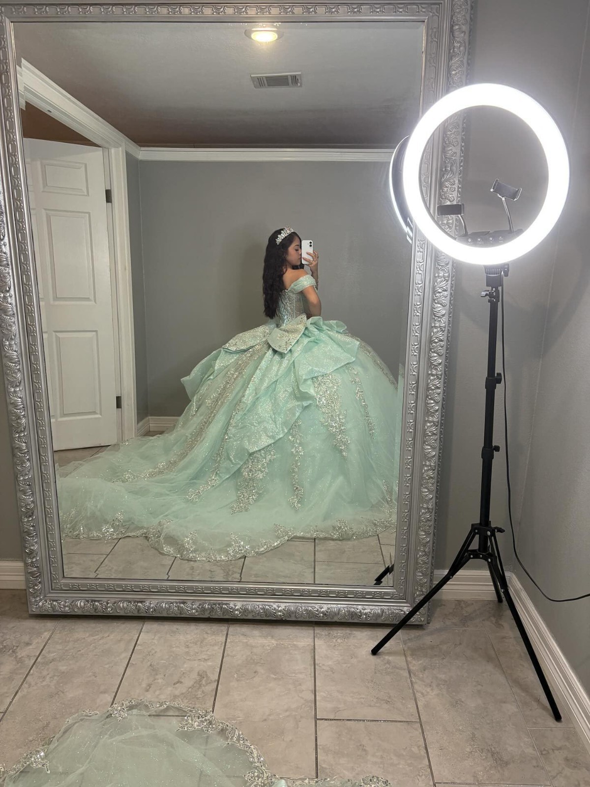 Sparkly Silver Sequin Appliques Quinceanera Dress with Bow Layered Tulle Dresses