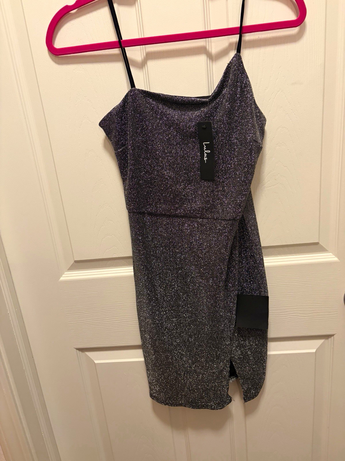 Lulus Black Silver Solid Glitter Knit Bodycon Mini Dress S Cowl Neck Strappy