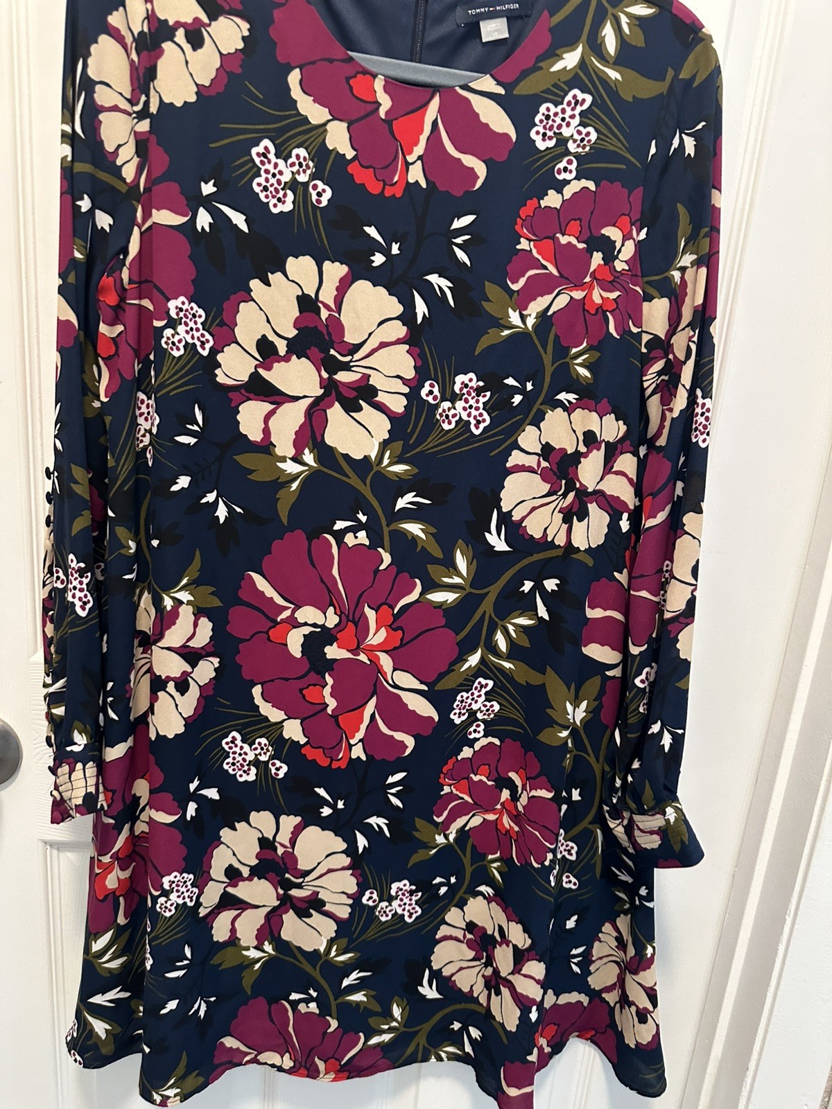 Tommy Hilfiger Womens Blue Floral Print Chiffon Long Sleeve A-Line Dress 10