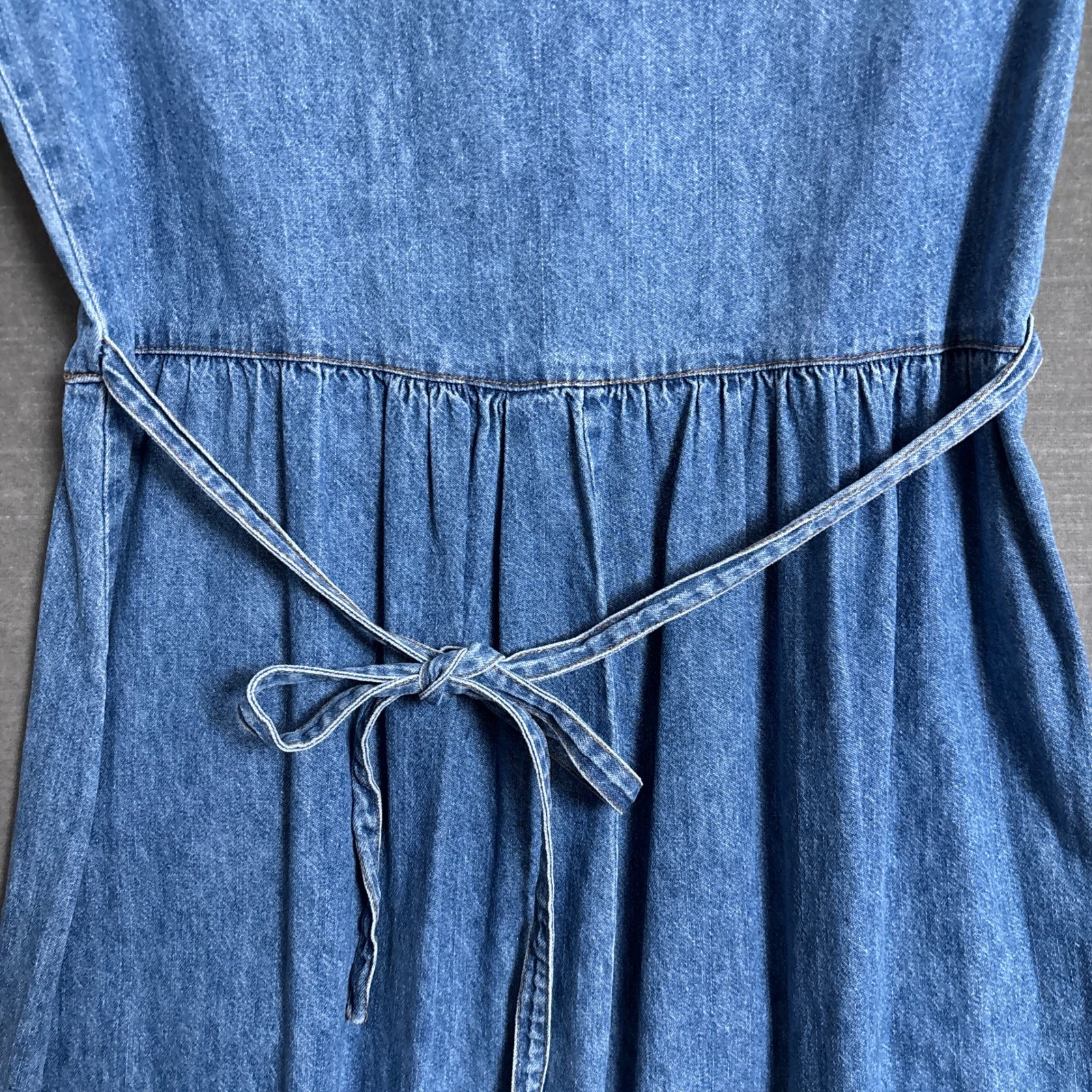 Vintage 90s Dress M Blue Denim Button Short Sleeve Midi Cottage Country Western