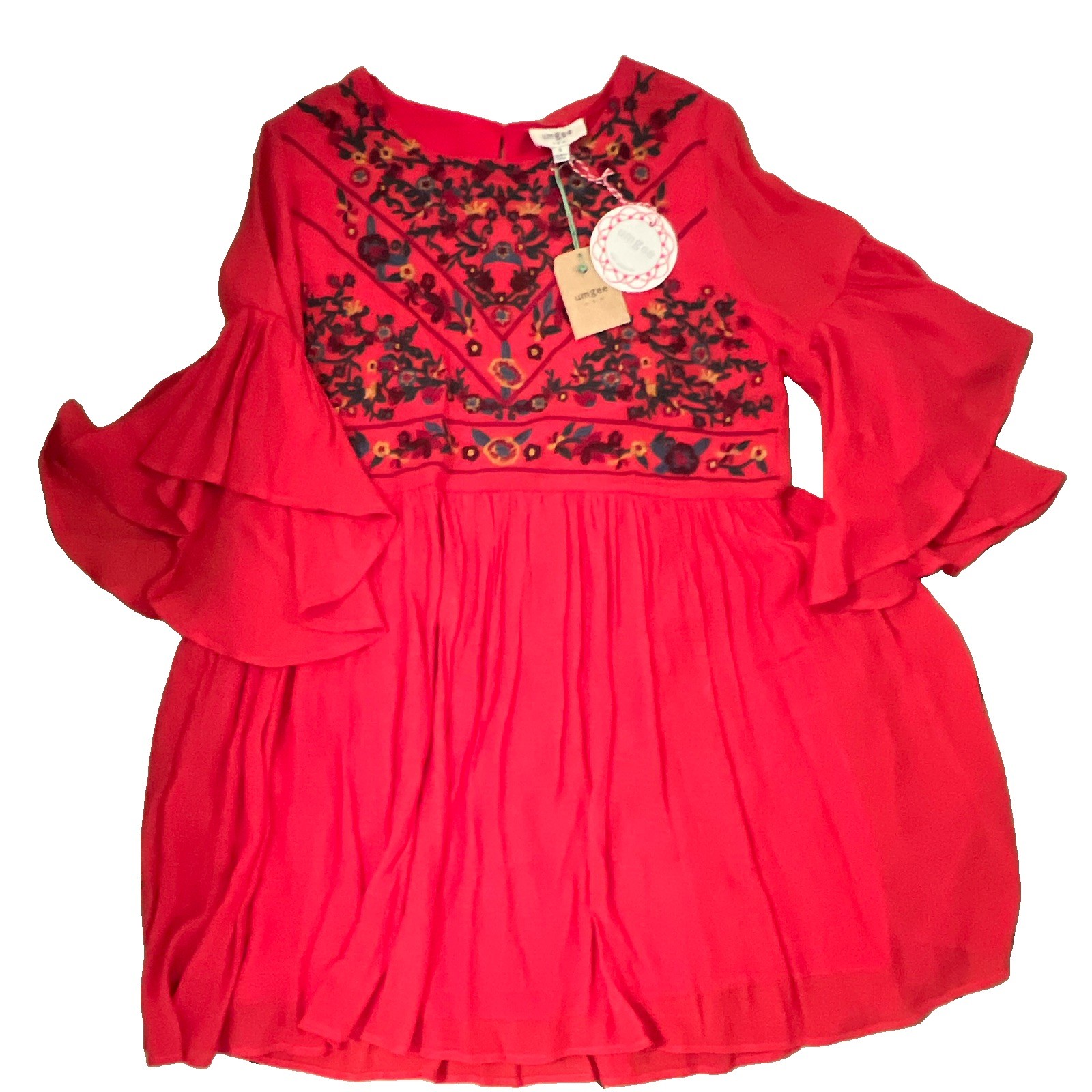 UMGEE Women’s Red Floral Embroidered Round Neck Bell Sleeve Short Dress S