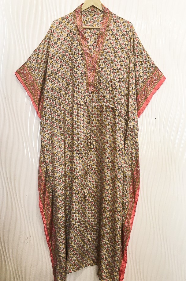 Silk Off-White Kaftan / Handmade Flowy Maxi Dress / Resort Wear Outfit MFN1106