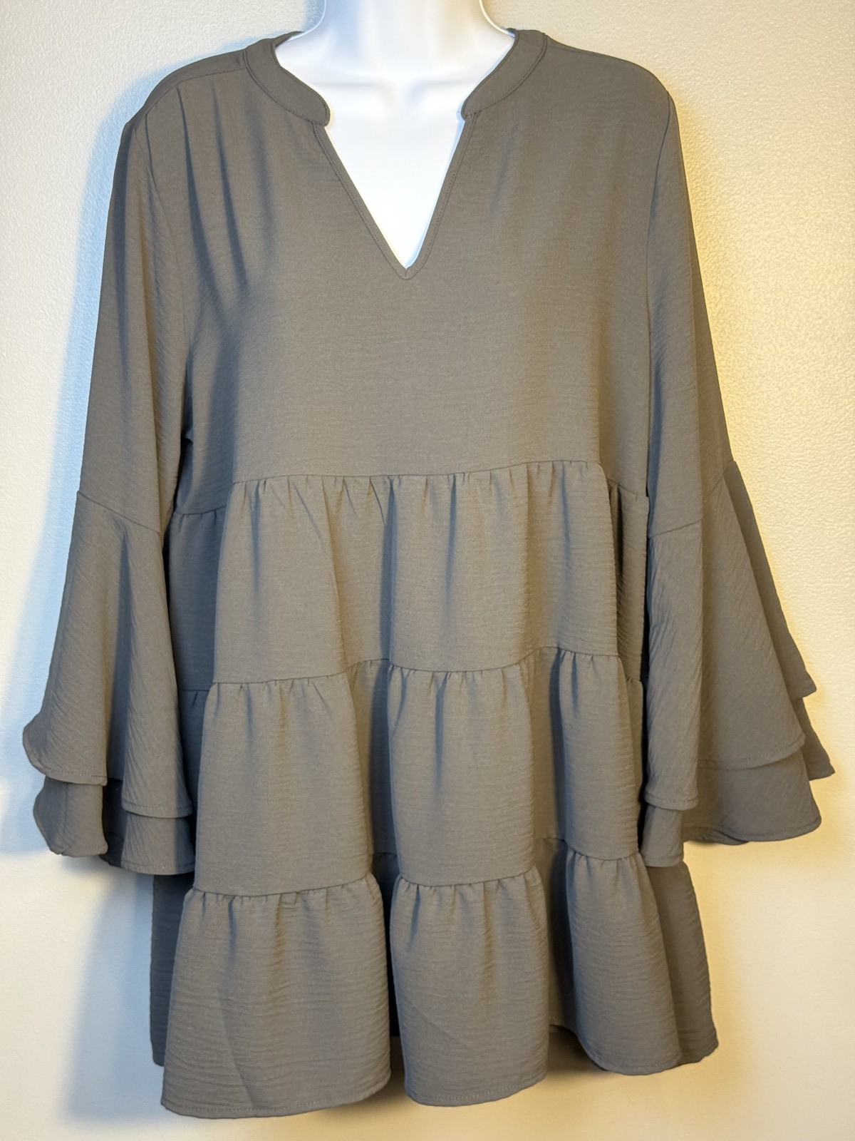 Zenana Gray Tiered Babydoll Tunic Dress Bell Sleeve Size Large