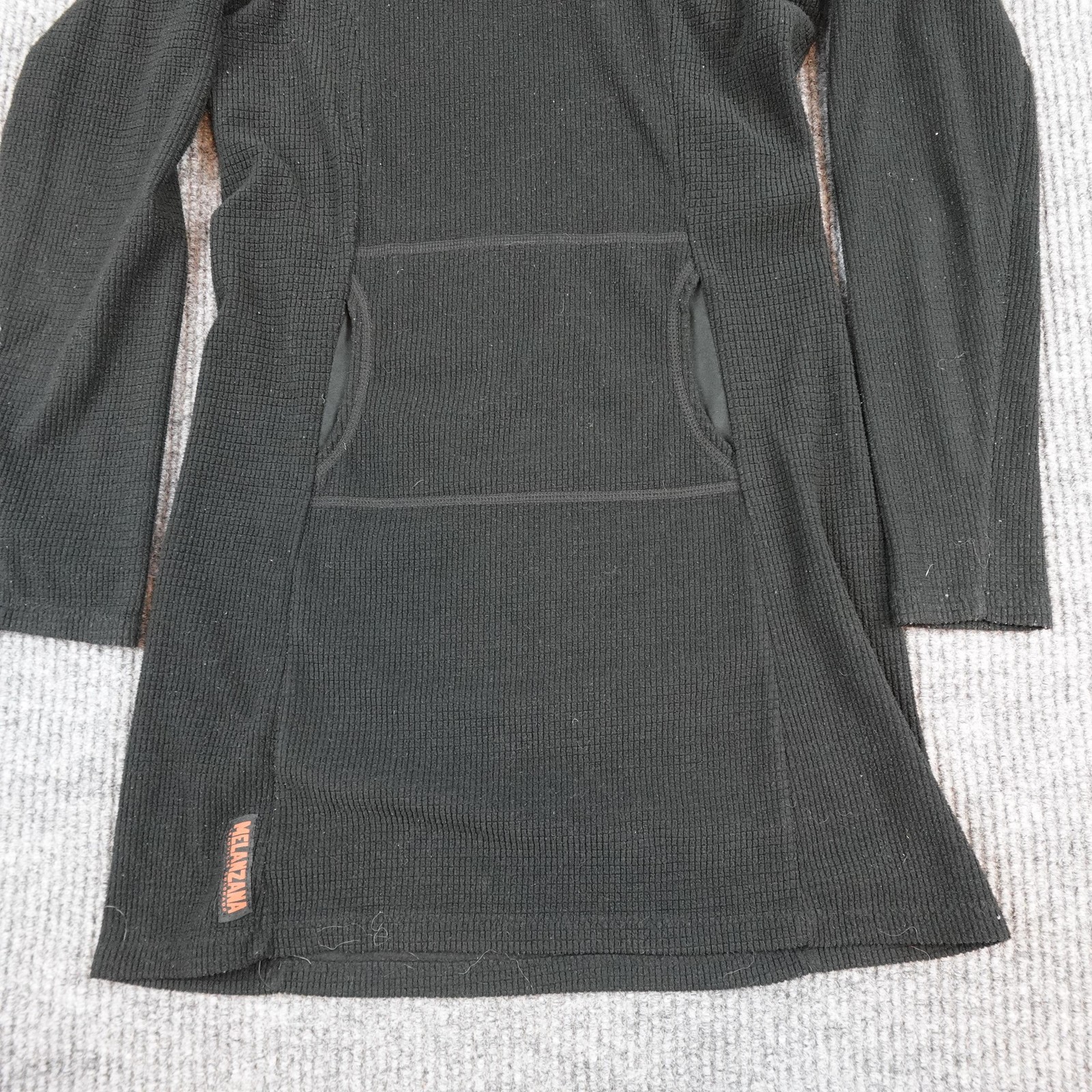 Melanzana Sweater Dress Womens Small Black Micro Grid Hooded Fleece Pocket