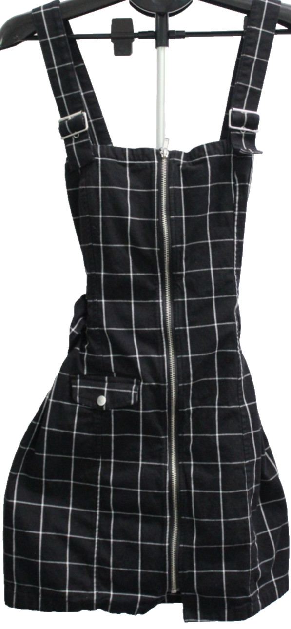 H&M Divided Full Zip Mini Dress Women’s Size 12 Black Check Buckles Belted Y2K
