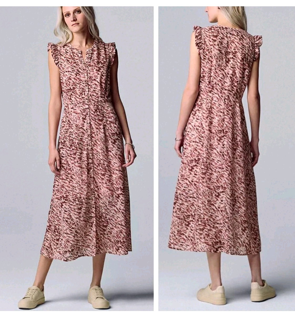 Simply Vera Wang Midi Dress M Button Down Abstract Ruffle Sleeve Pink NWT