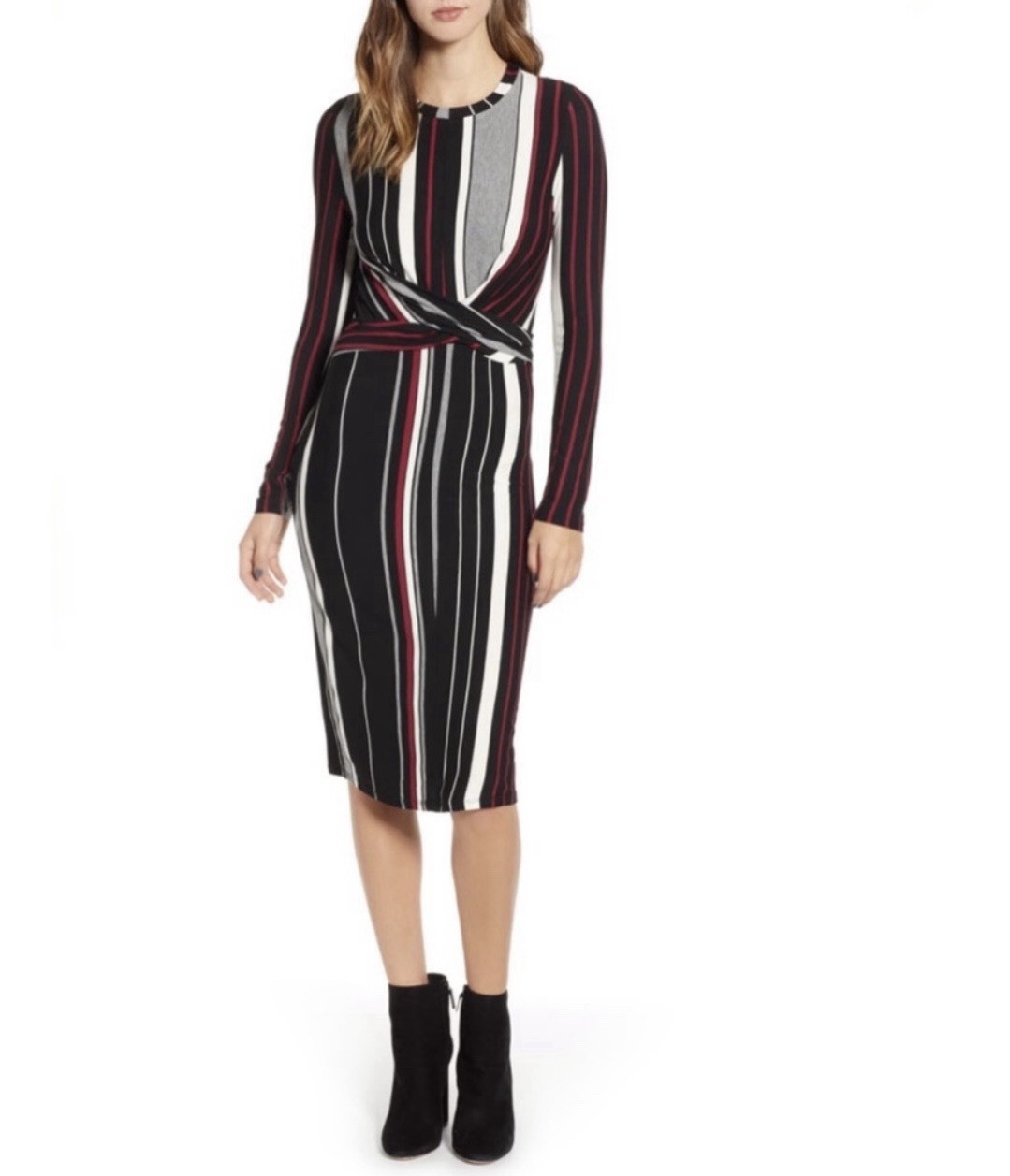 #10 NWT Socialite Striped Long-Sleeve Twist Front Midi Dress Size XL