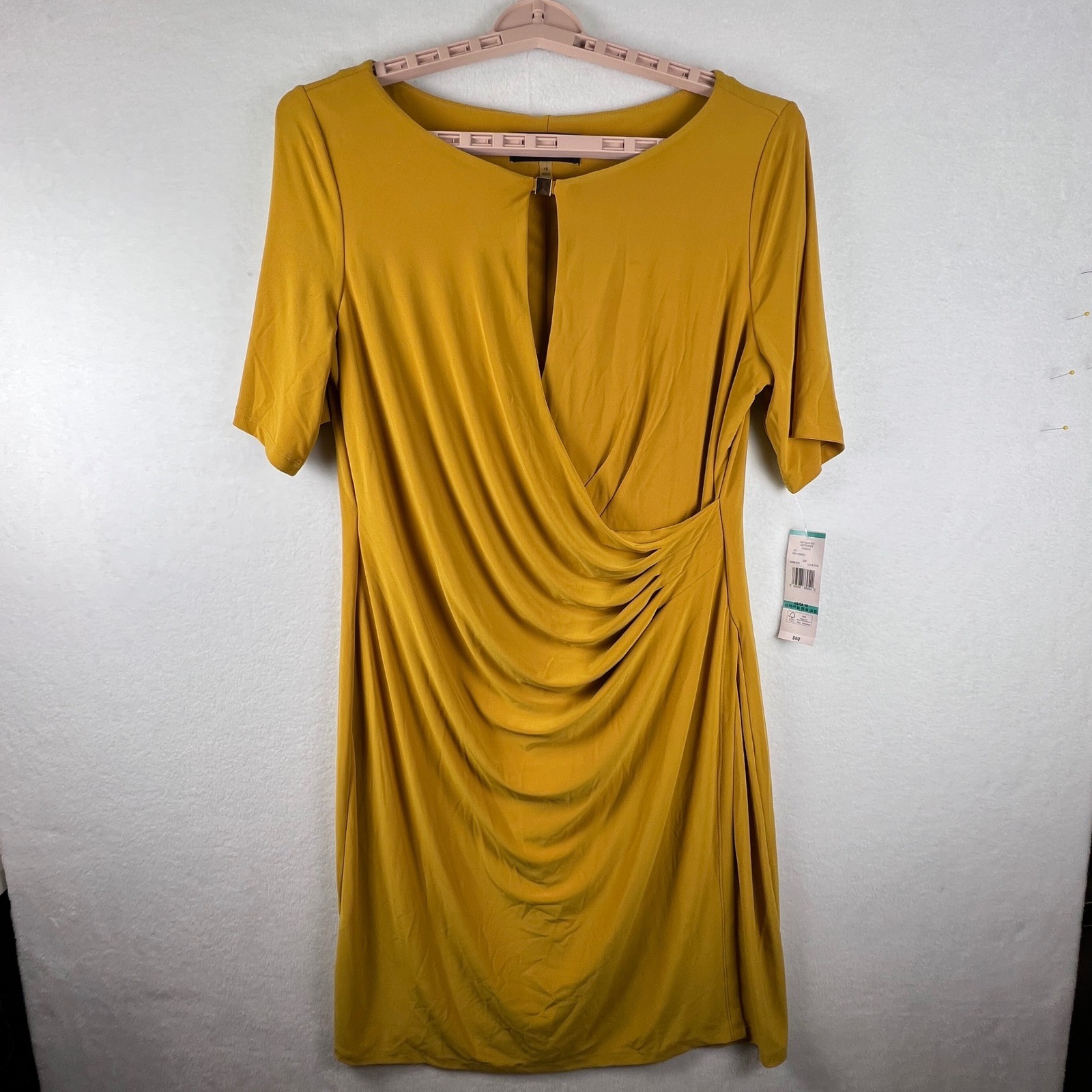 Black Label Evan Picone Dress 16 Mustard Gold Draped Faux Wrap Cocktail NWT
