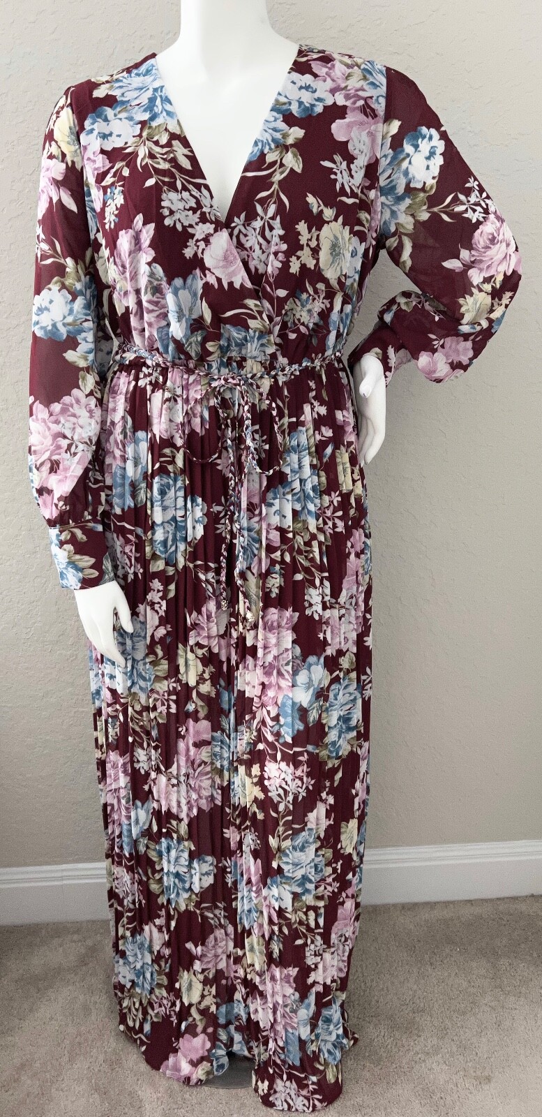 Miss Avenue Floral Semi Sheer Faux Wrap Maxi Dress Plum Wine Plus 1X 2X – New!