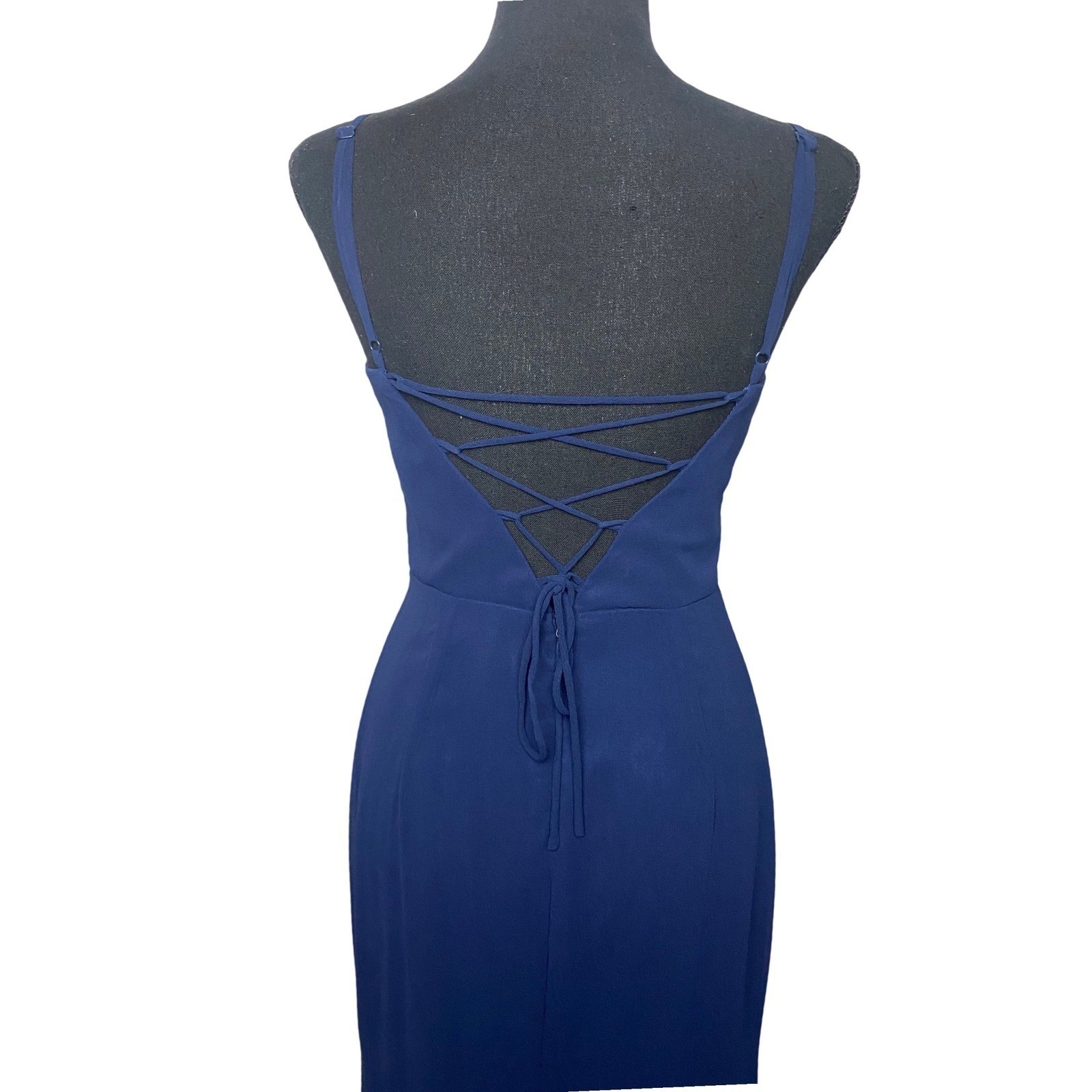 Lulus Feeling Elegant Navy Blue Lace Up Slit Maxi Dress Womens Small Formal Gown