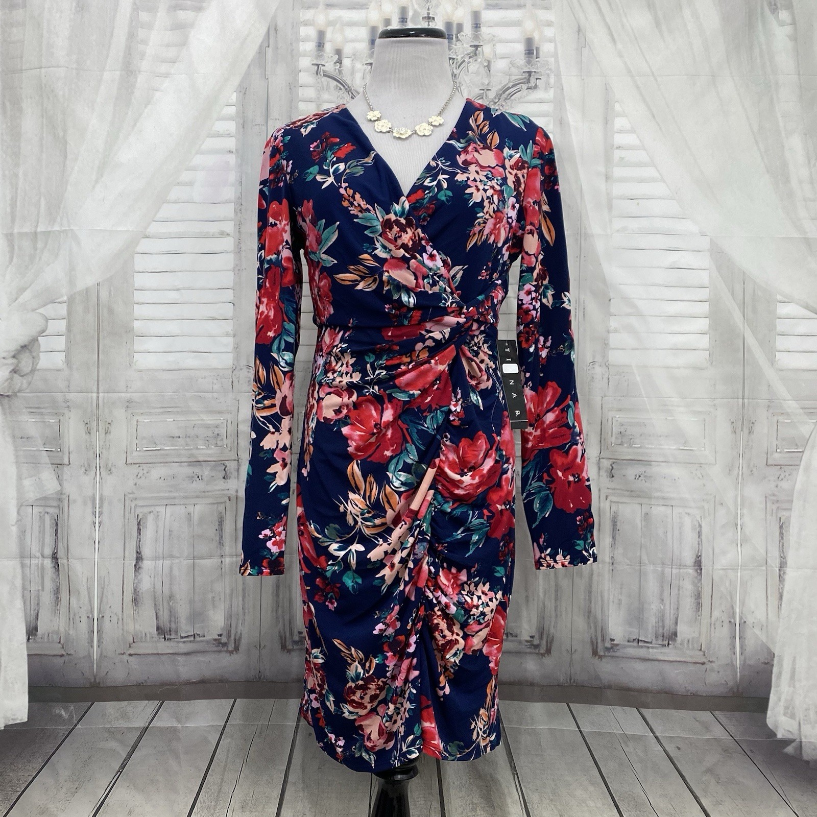 Tiana B Size PM Petite Medium Dress Navy Blue Red Floral V Neck Long Sleeve B2