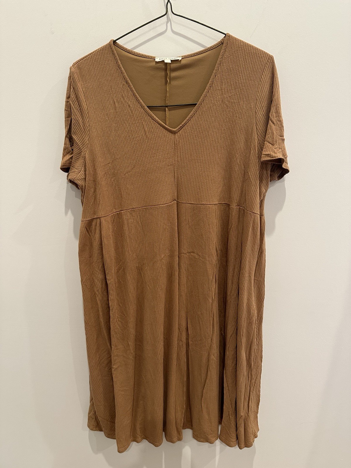 Stevie Hender Mustard Yellow Ribbed Knit V-Neck Short Sleeve Babydoll Dress L