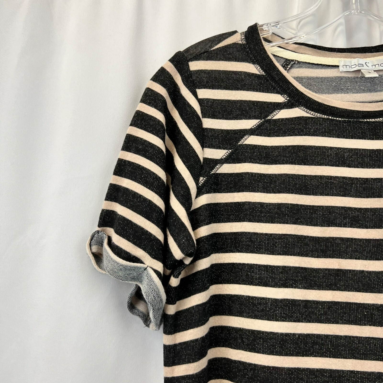 Moa Moa Mini T-Shirt Dress Black/Beige Striped Size Small Cuffed Sleeve