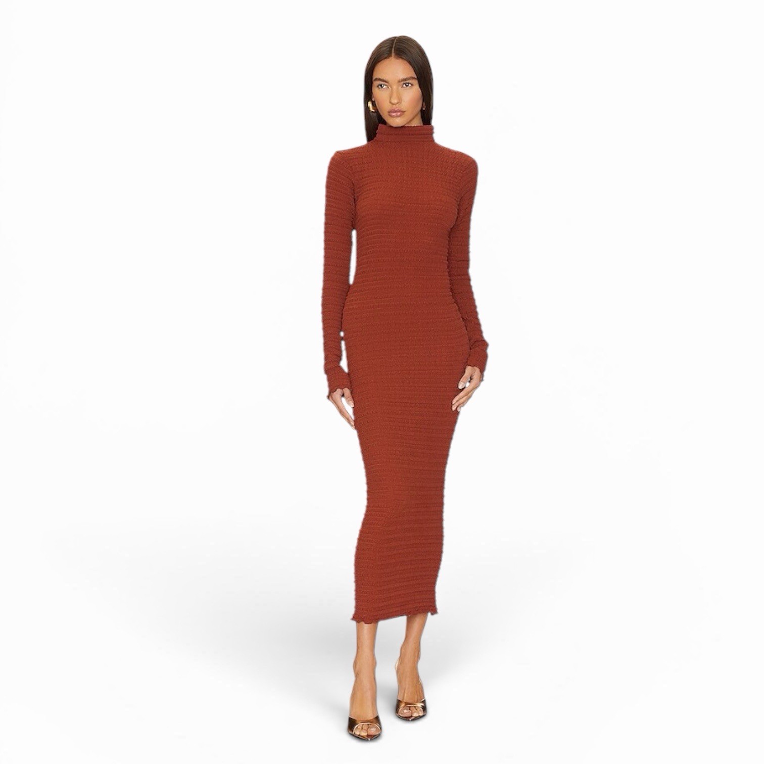 L’IDÉE Forme Long Sleeve Long Dress Terracotta Burnt Orange Maxi Textured XS