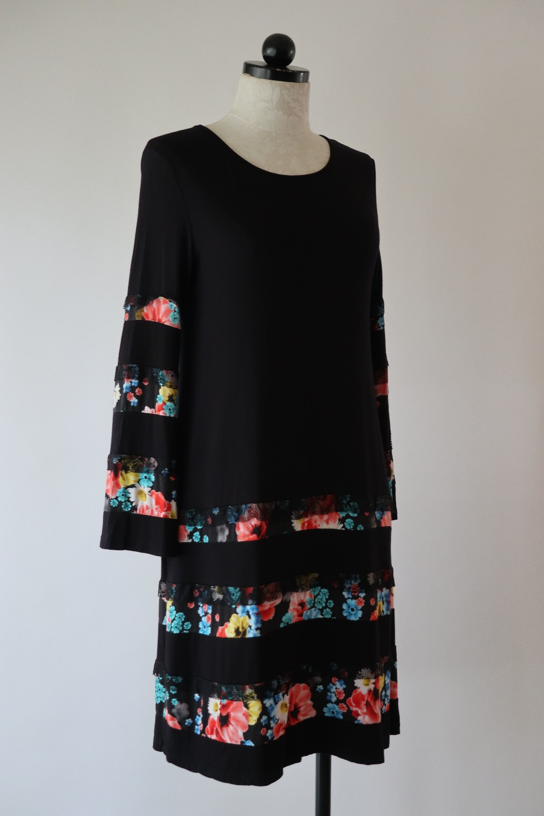Desigual Black Jersey Colorful Floral Stripes Lace Ruffles Tshirt Dress Women L