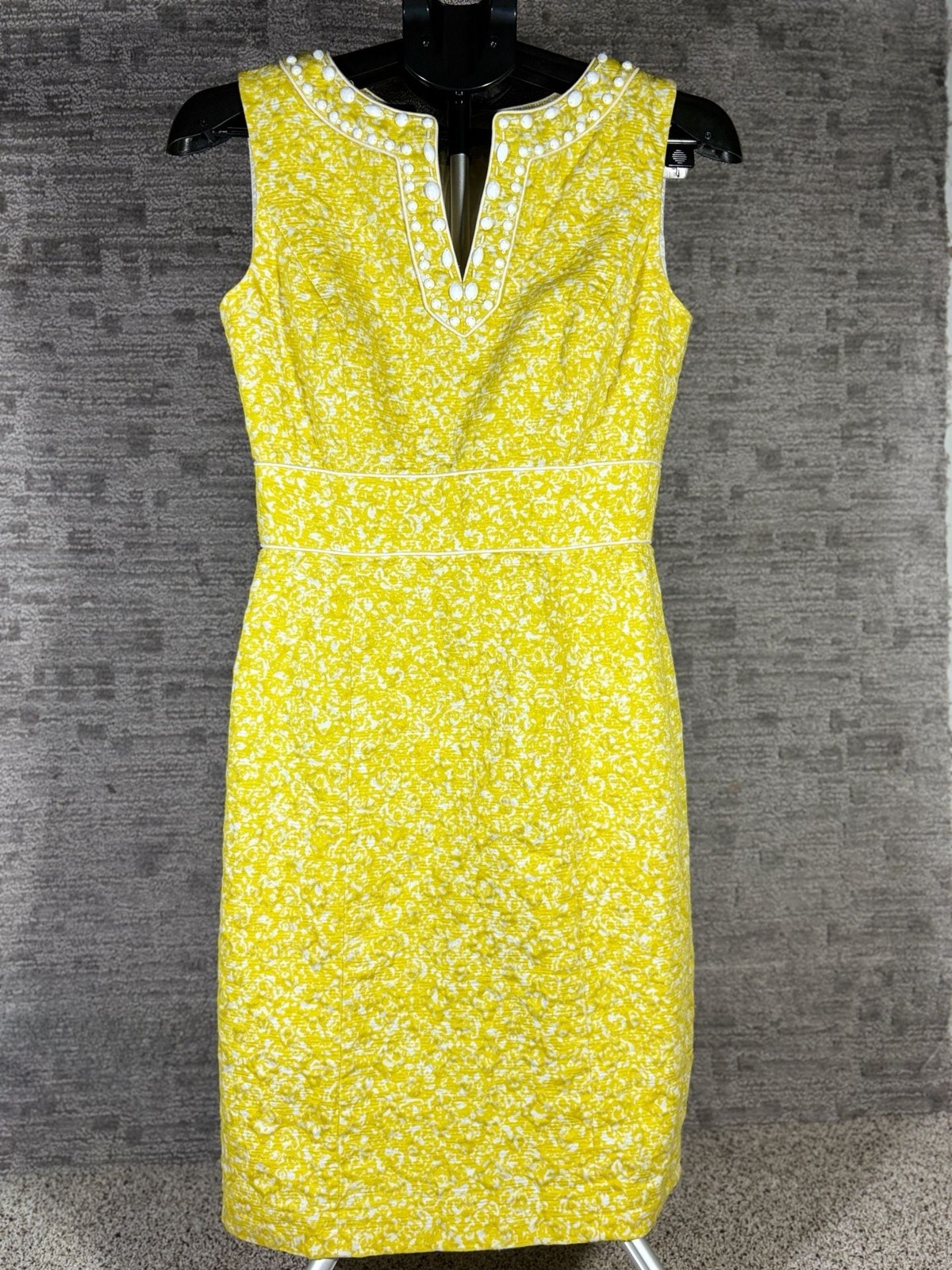 Tahari Arthur S. Levine Yellow Floral Jacquard Beaded Neckline Sheath Dress