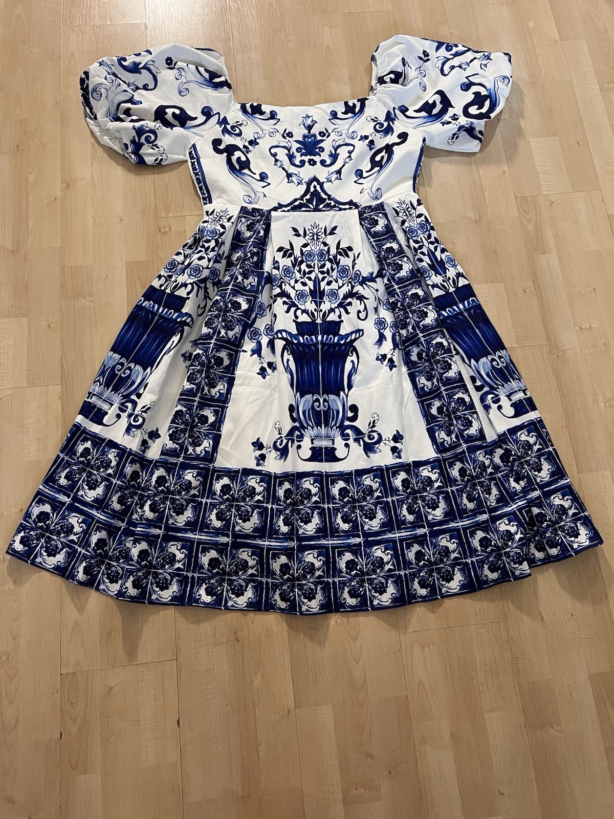 One & One Blue White Tile Print Puff Sleeve Dress Women’s 4XL Mediterranean Chic