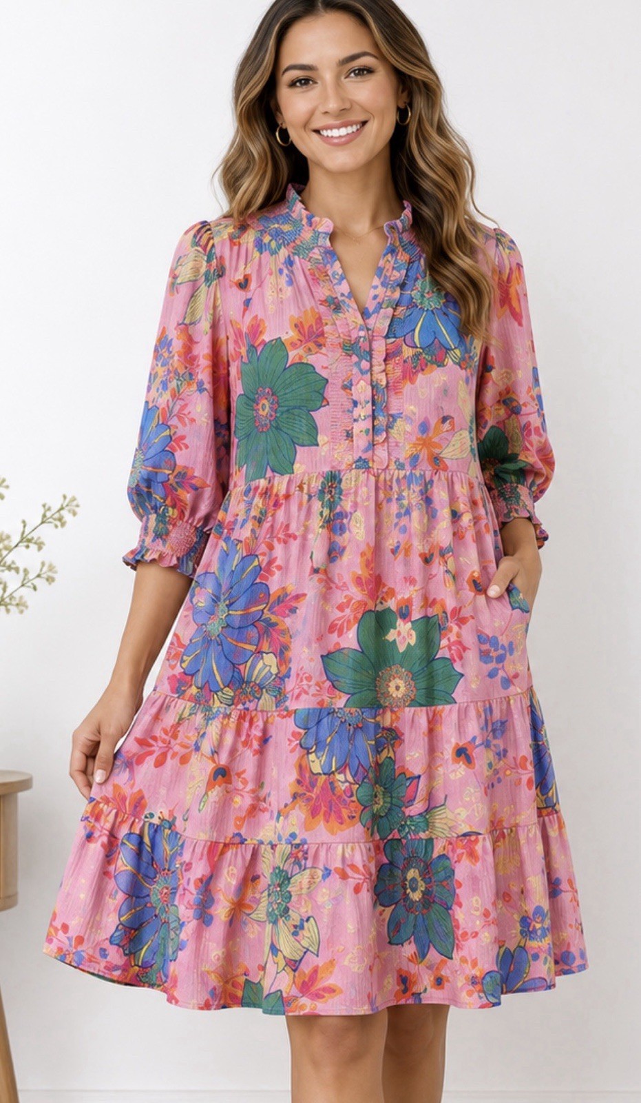 Easel Pink Floral Tiered Midi Dress NWT Sz Large Boho Ruffle Neck Pockets