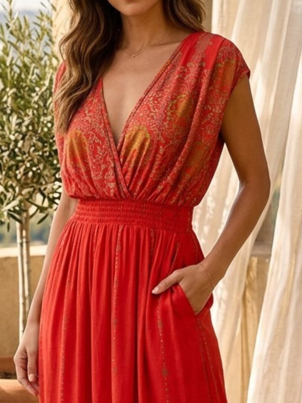LAPOGEE Tribal Print Red Gold Bohemian V-Neck Maxi Dress Size Large