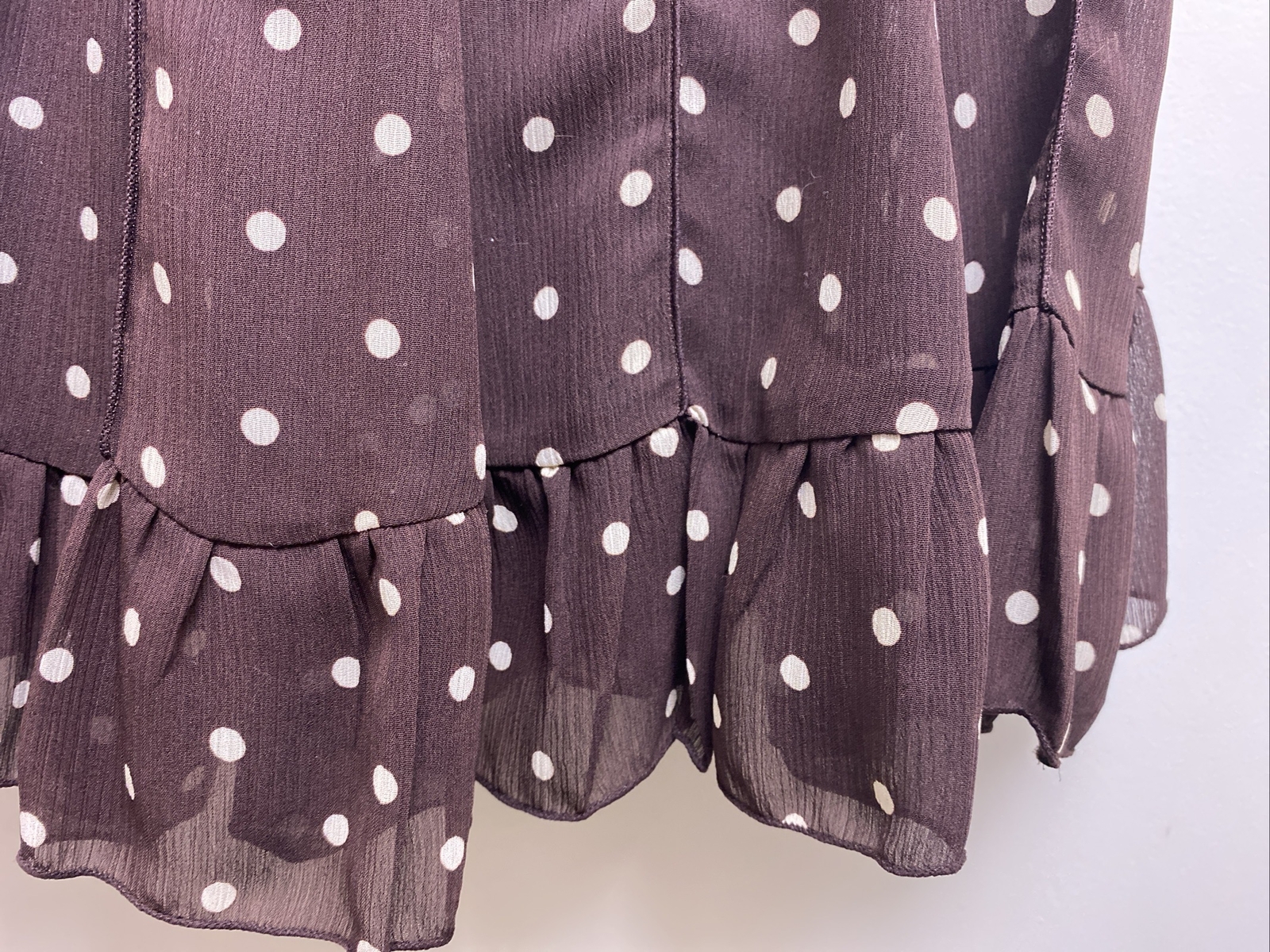 Brown White Polka Dot Sheer Lined Sleeveless Ruffle Dress Sz 12 Pretty Woman