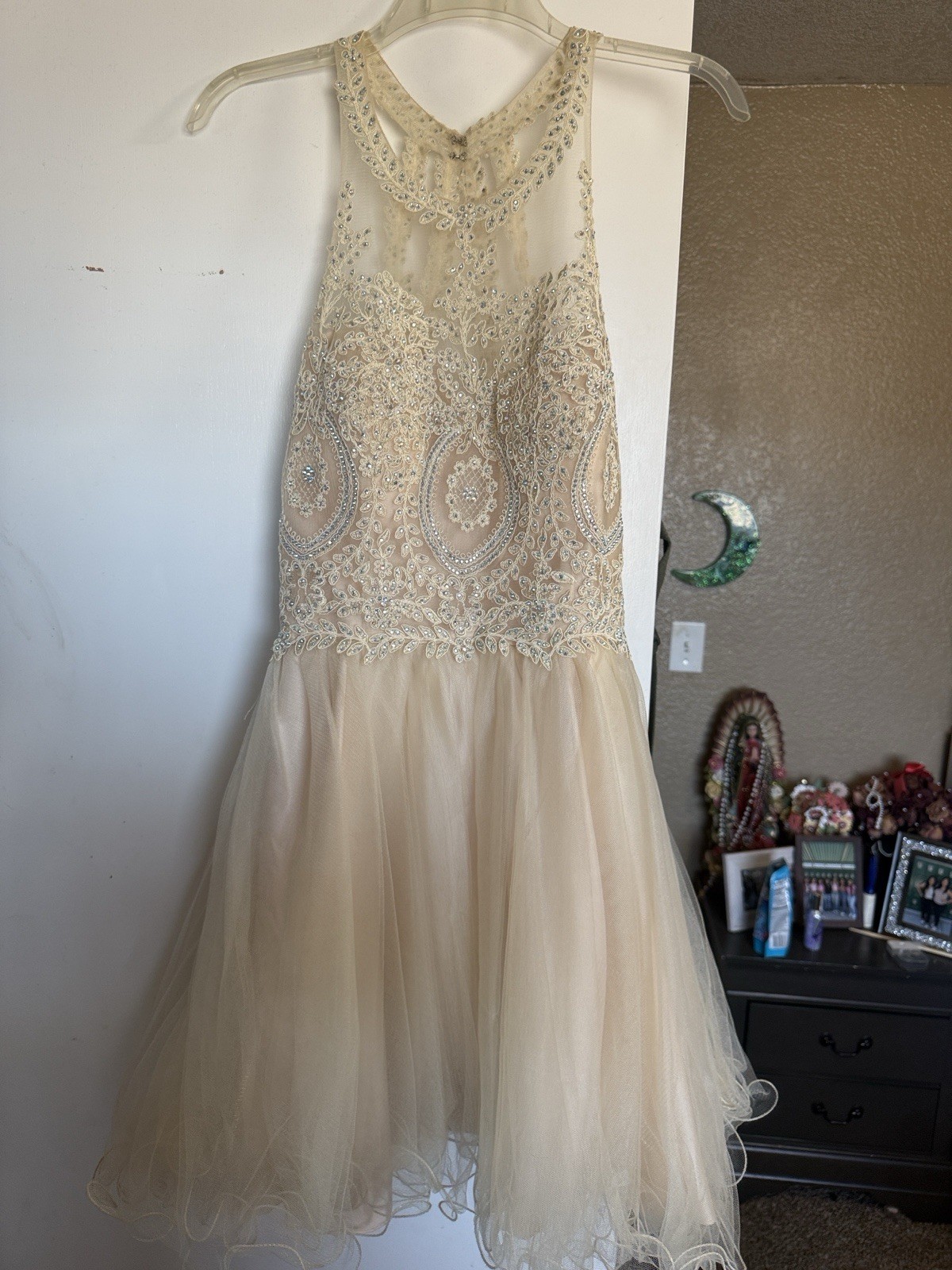 Cinderella XL Beige Halter Fit & Flare Tulle Lace Beaded Sequin Dress