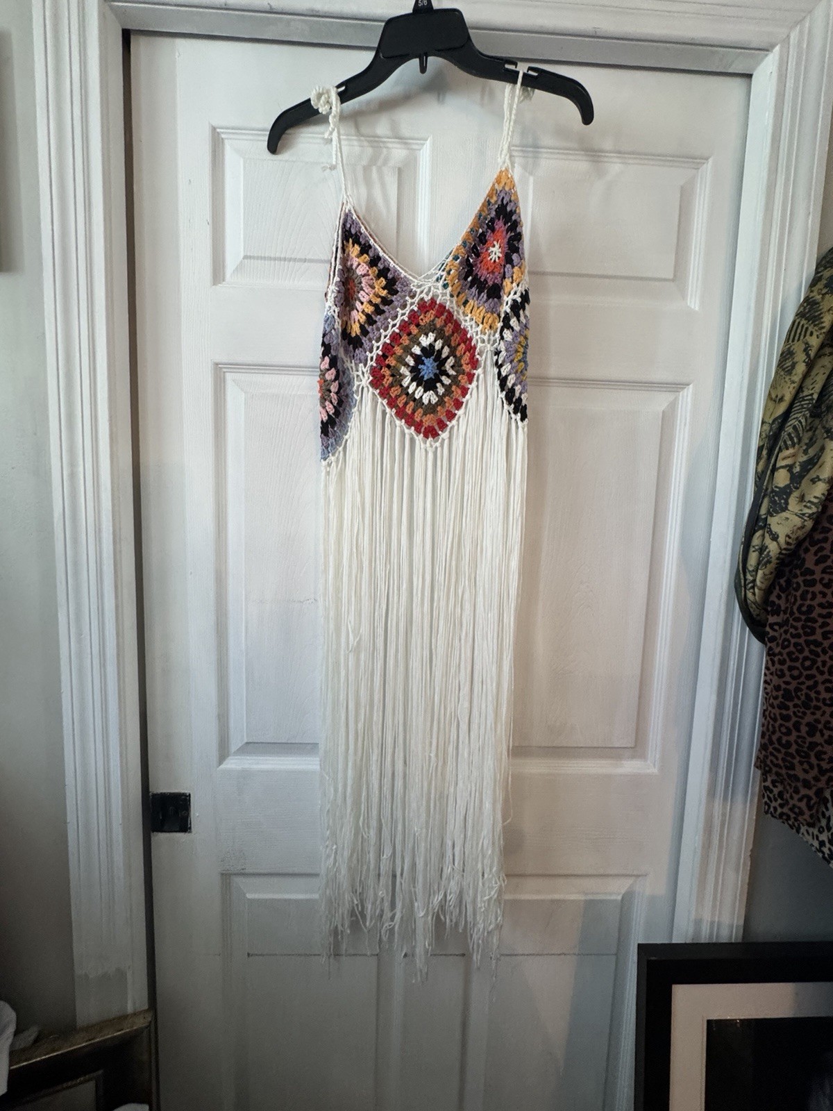 Women’s One Size Multicolor Floral Crochet Fringe Long V-Neck Slip Dress
