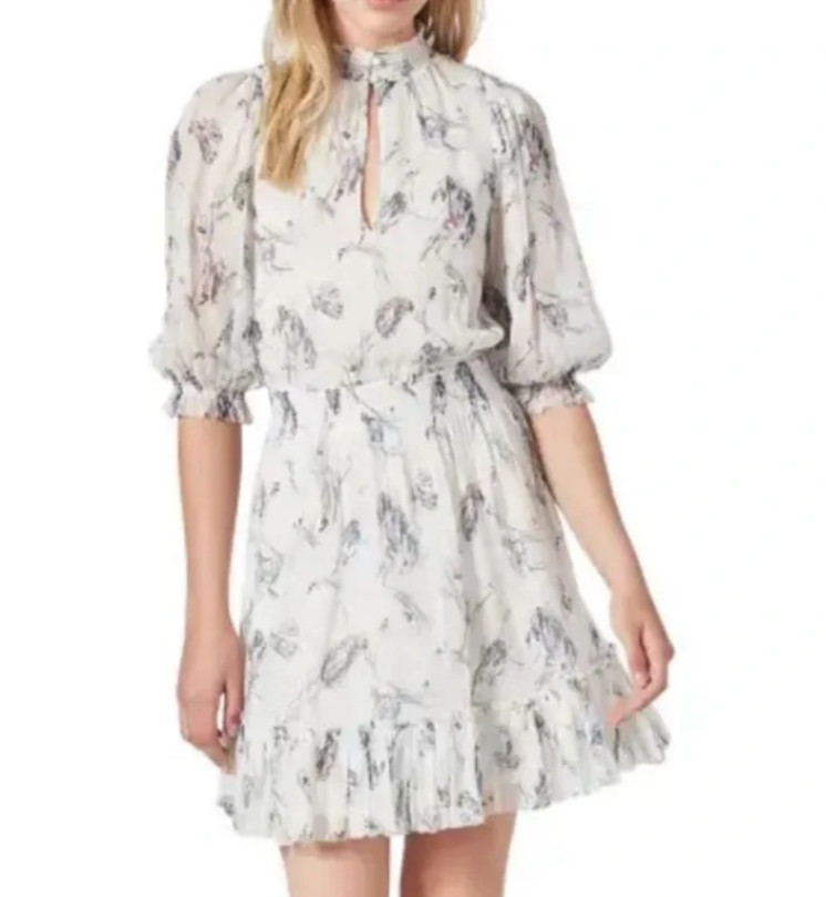 NWT JOIE Shima Dress WHITE/GRAY/MULTI Lined SILK CHIFFON Smocked Waist BLOUSON S