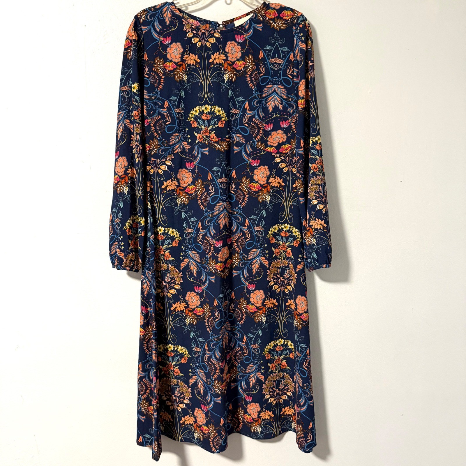 I. Madeline Garden Splendor Navy Floral Long Sleeve Midi Dress Women’s M Modest