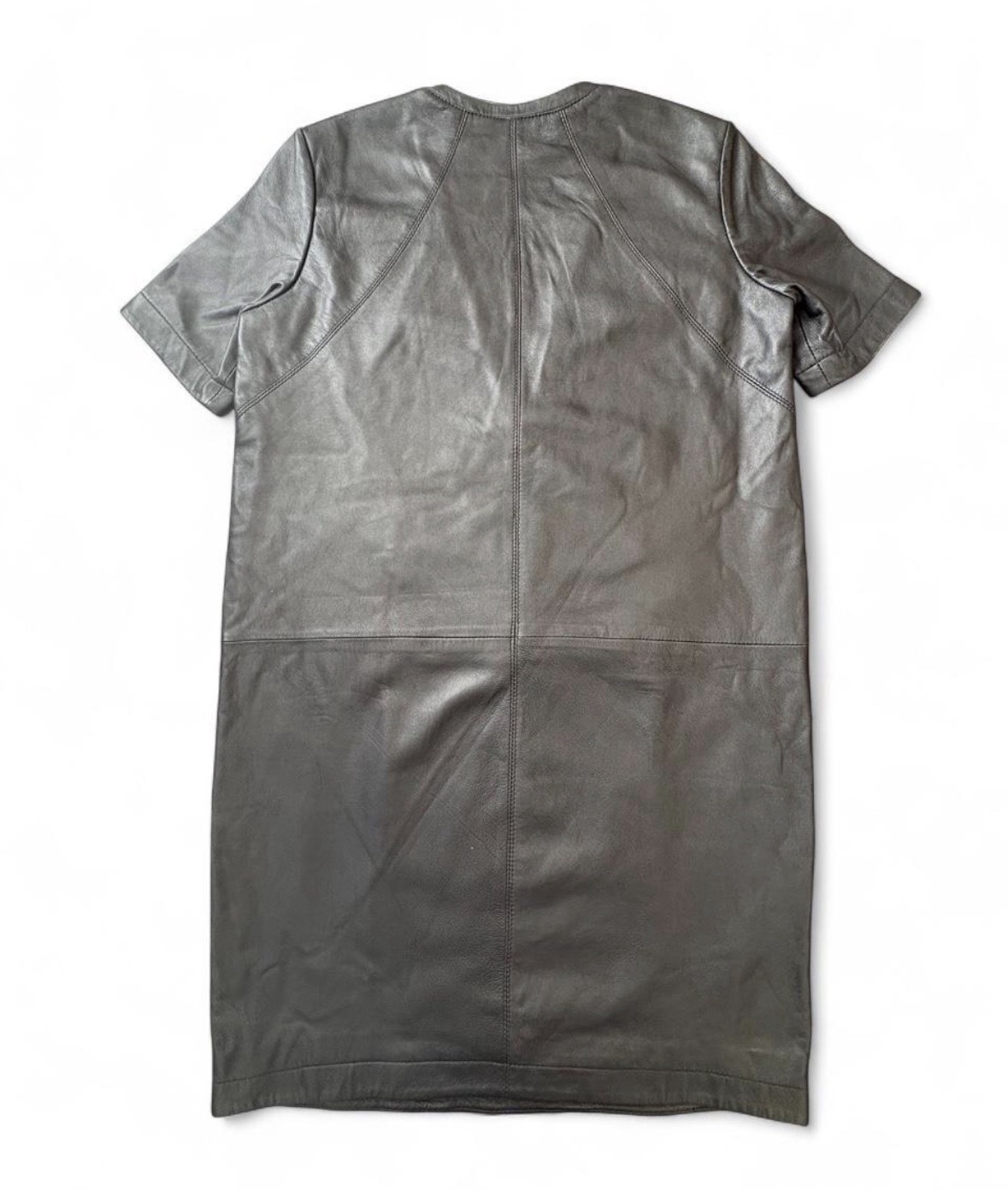 Helmut Lang Black Leather Solid V-Neck Short Sleeve Shift Knee Dress Lined M