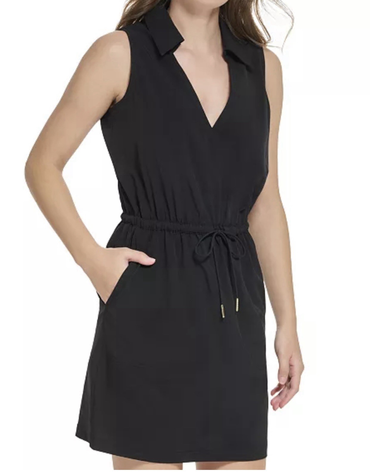 Calvin Klein Drawstring Waist Collard Sleeveless Sheath Dress Size 8 Stretch